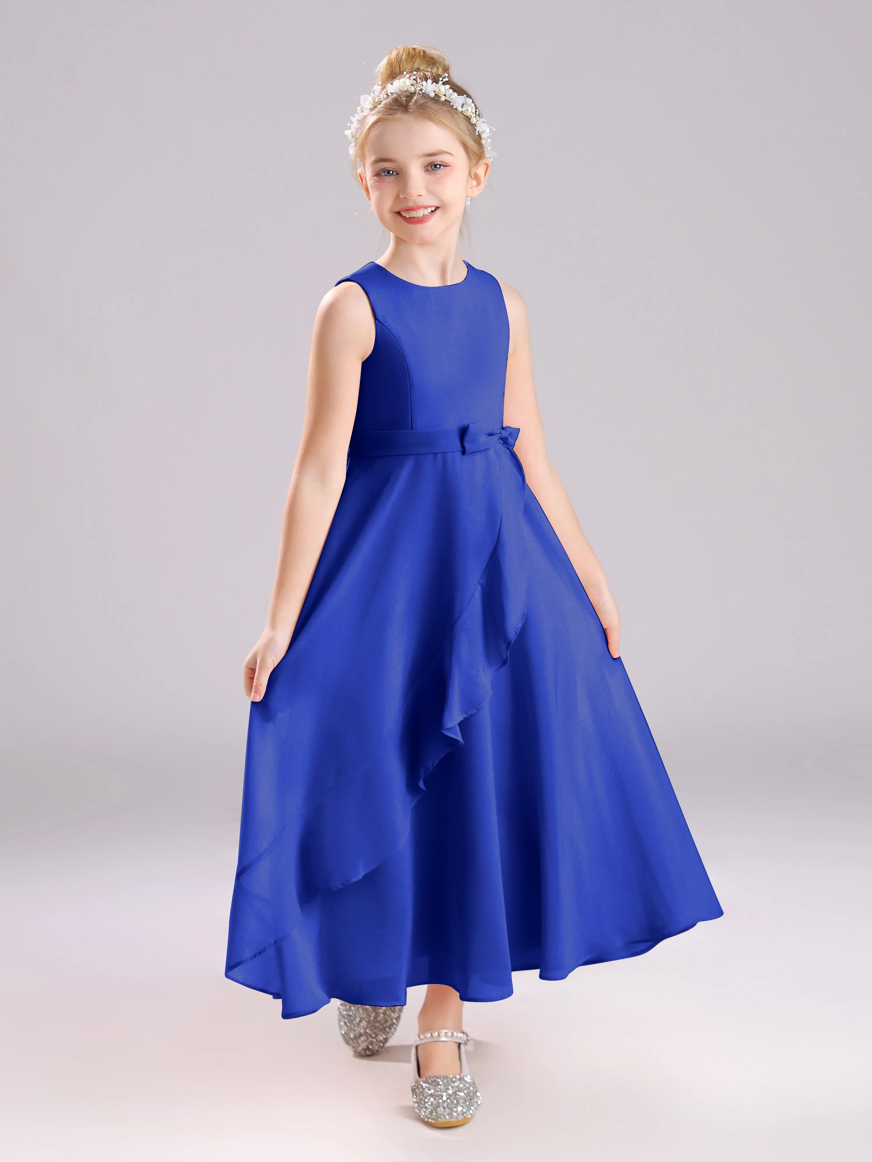 Sleeveless Jewel Long Bowknot Chiffon Junior Bridesmaid Dresses