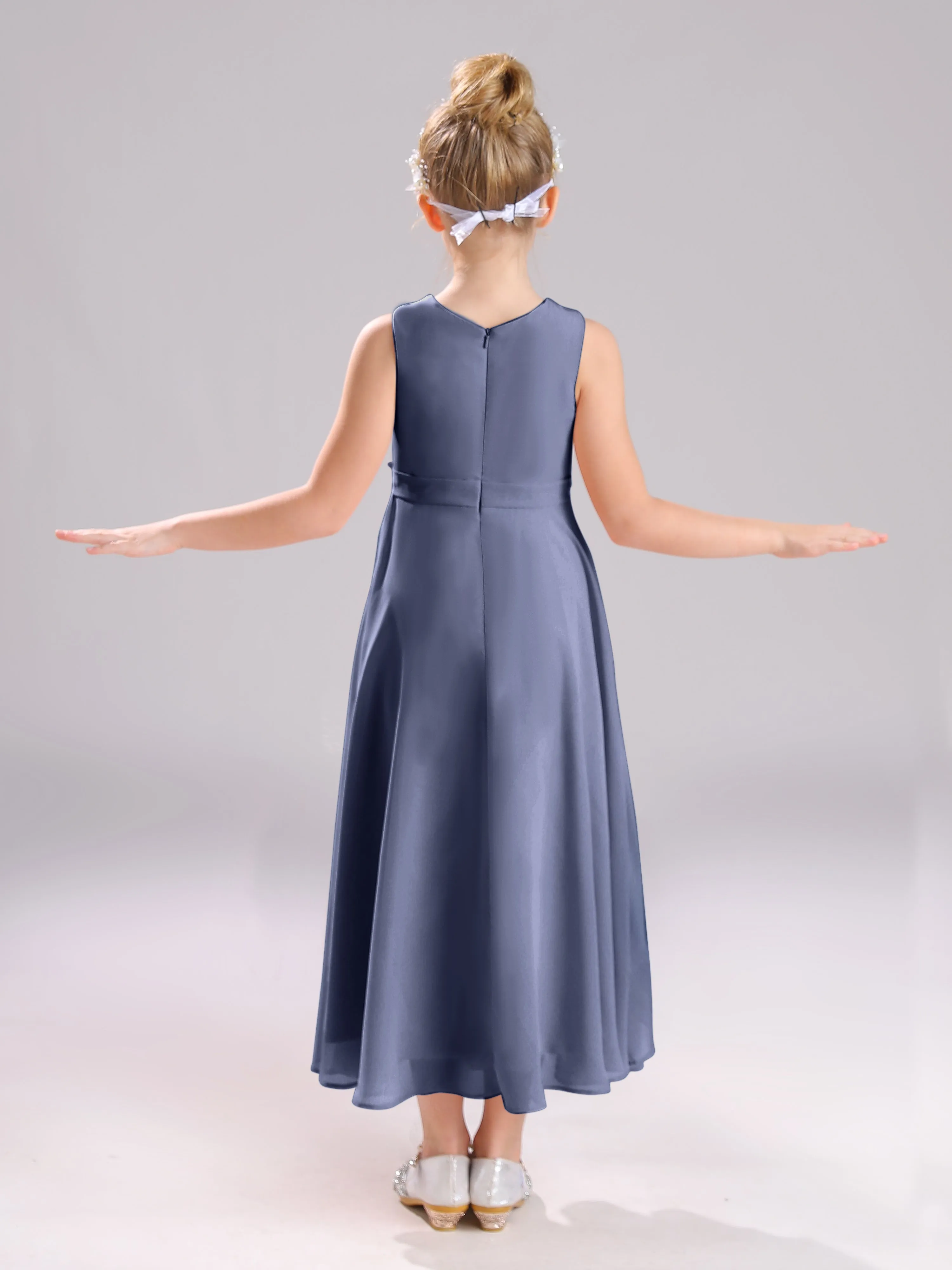 Sleeveless Jewel Long Bowknot Chiffon Junior Bridesmaid Dresses