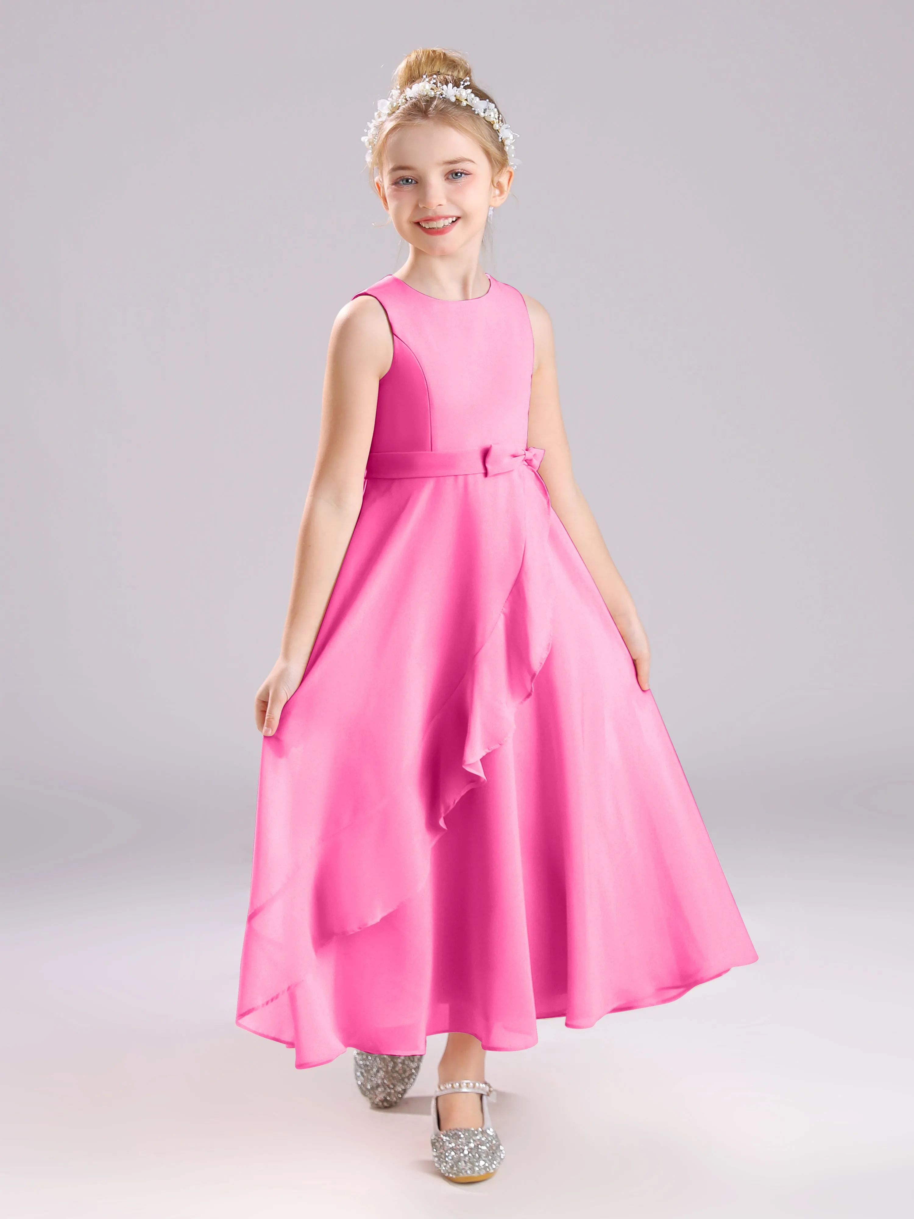 Sleeveless Jewel Long Bowknot Chiffon Junior Bridesmaid Dresses