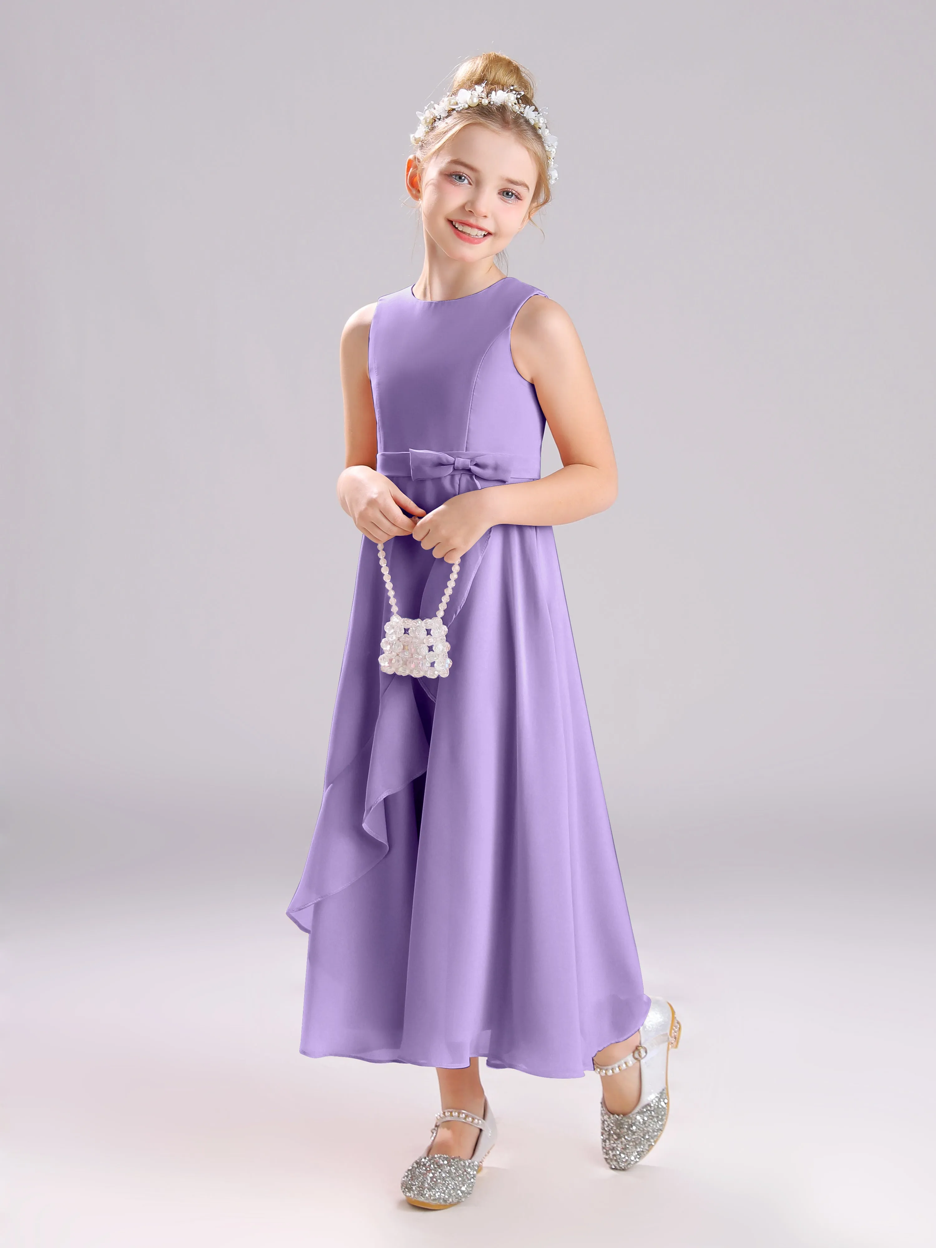 Sleeveless Jewel Long Bowknot Chiffon Junior Bridesmaid Dresses