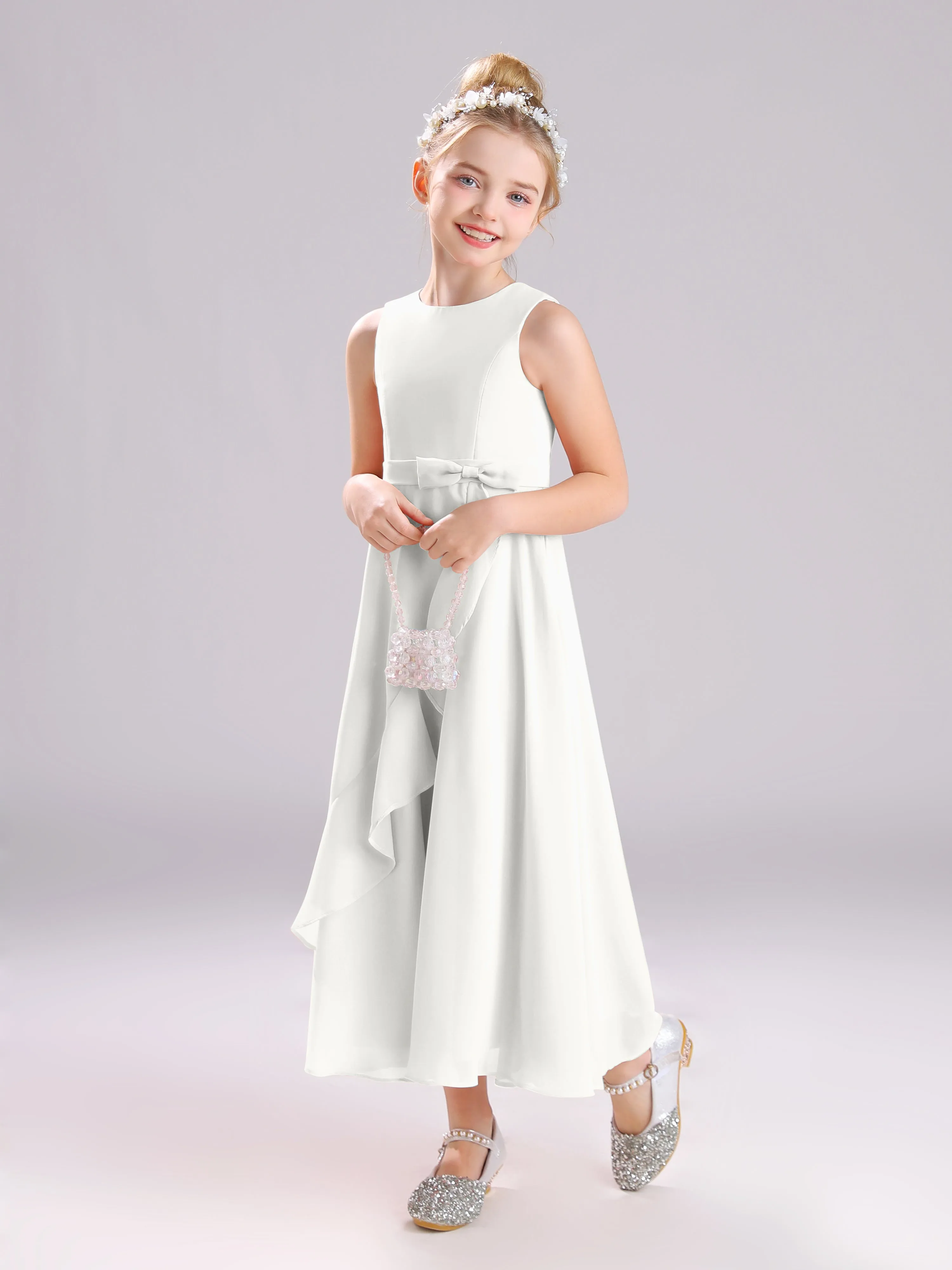 Sleeveless Jewel Long Bowknot Chiffon Junior Bridesmaid Dresses