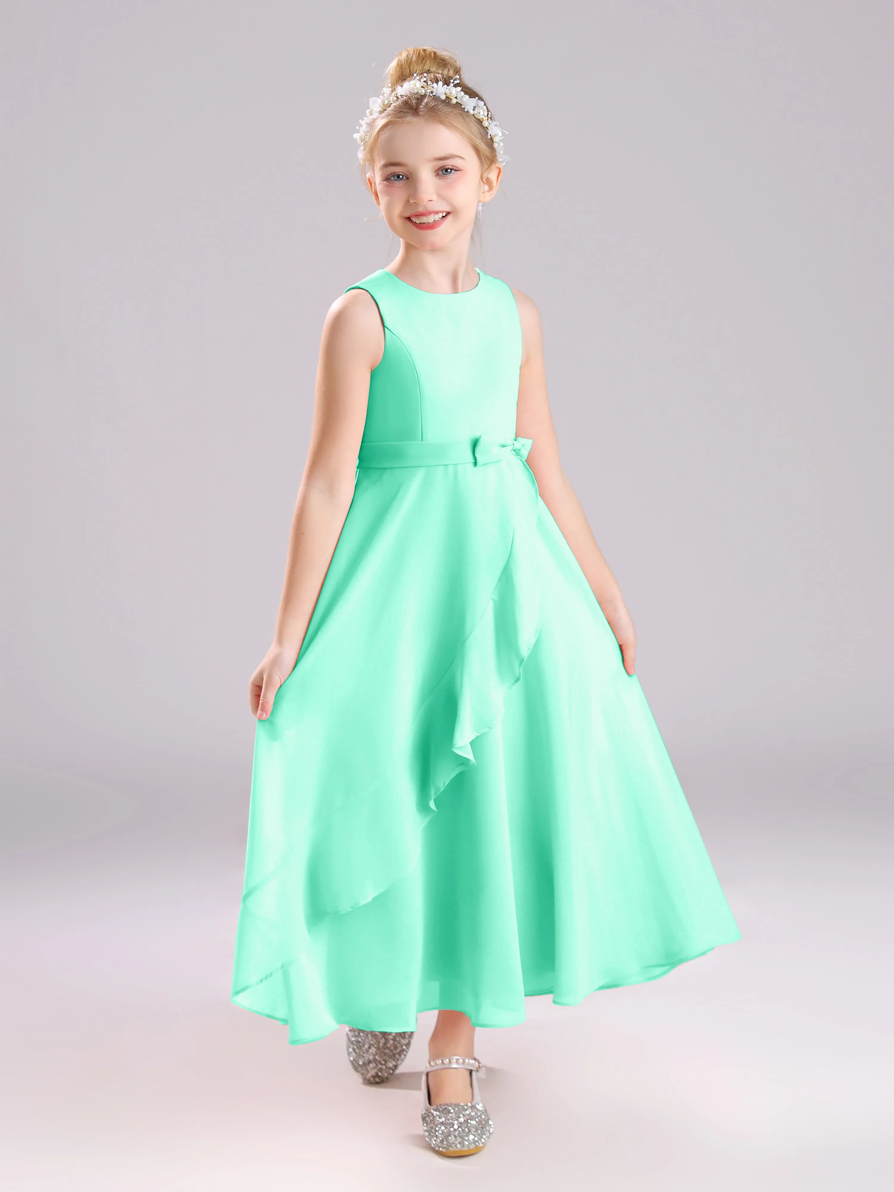 Sleeveless Jewel Long Bowknot Chiffon Junior Bridesmaid Dresses