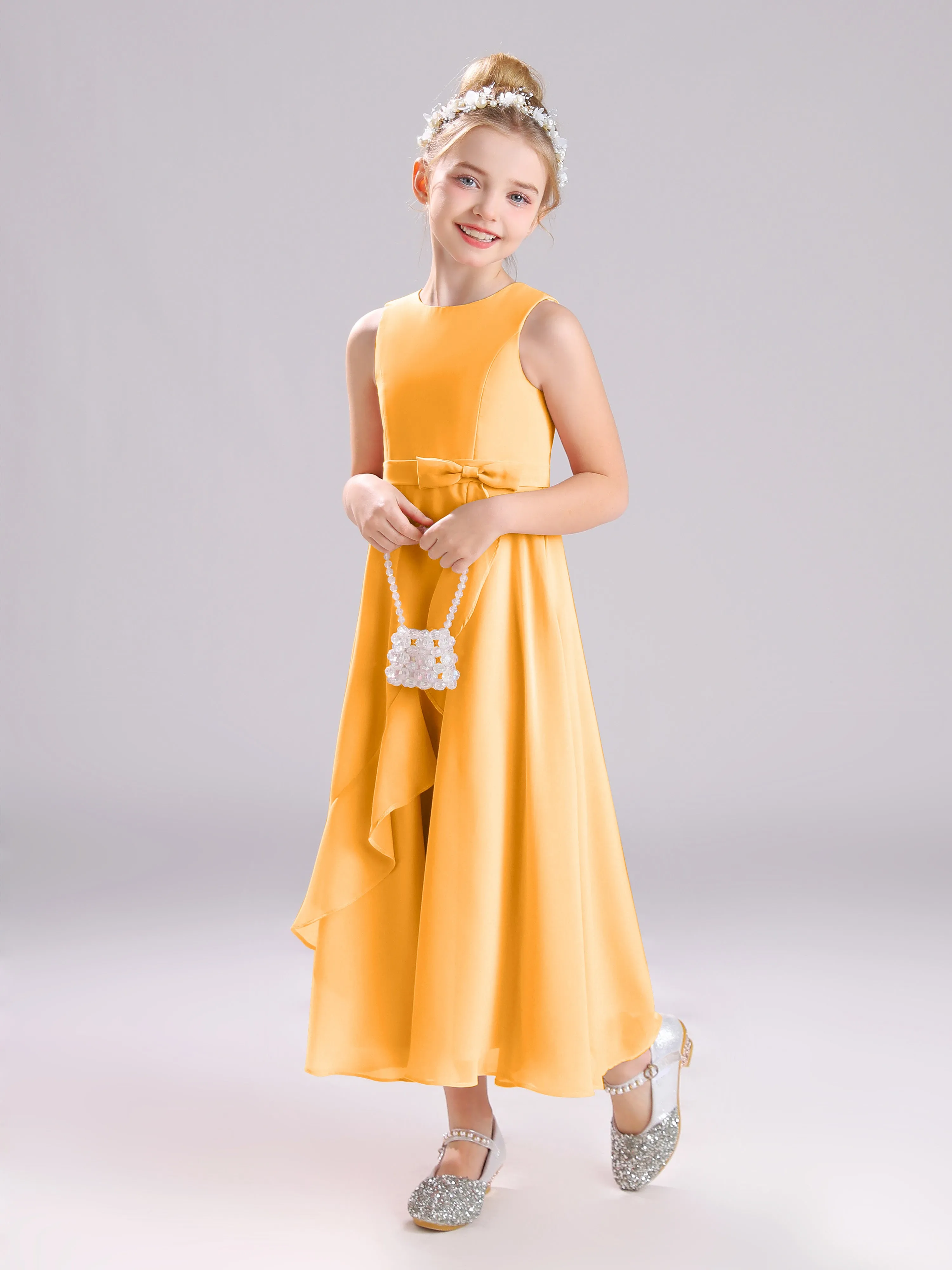 Sleeveless Jewel Long Bowknot Chiffon Junior Bridesmaid Dresses