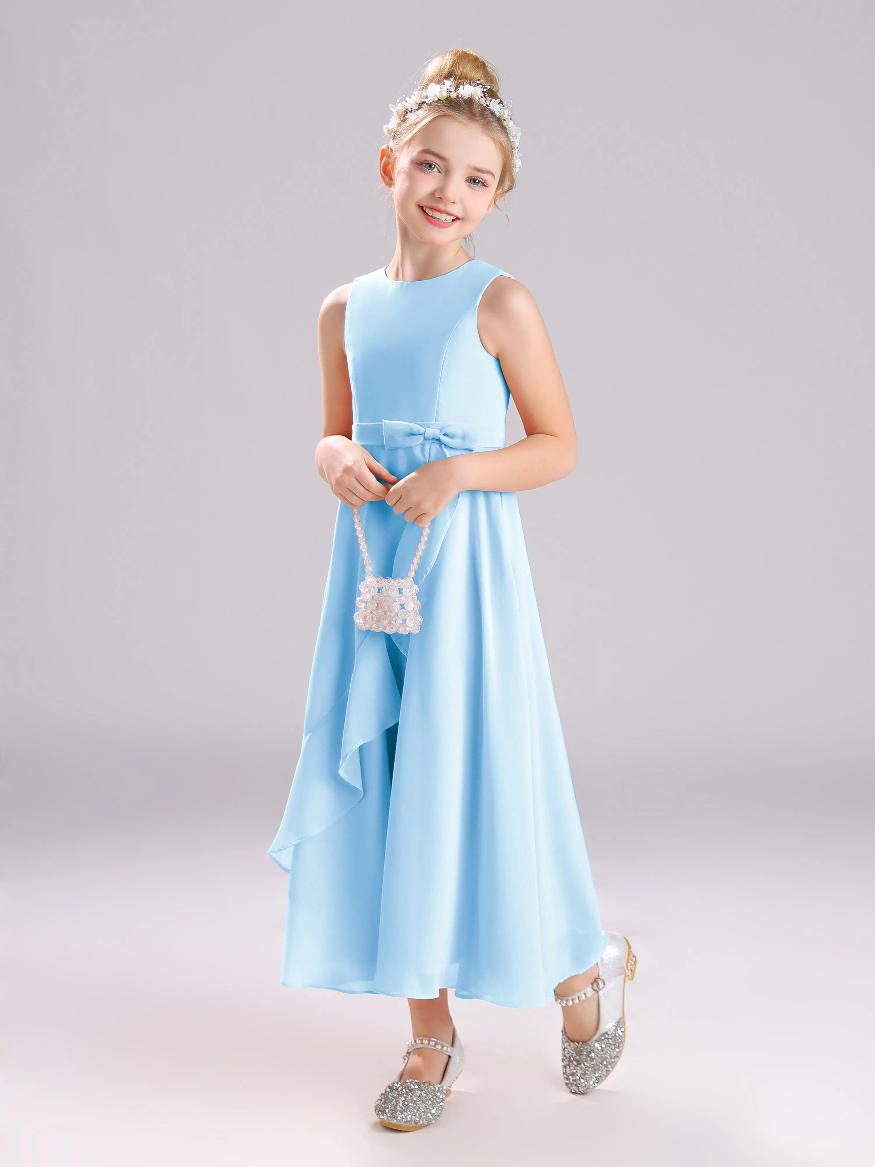 Sleeveless Jewel Long Bowknot Chiffon Junior Bridesmaid Dresses