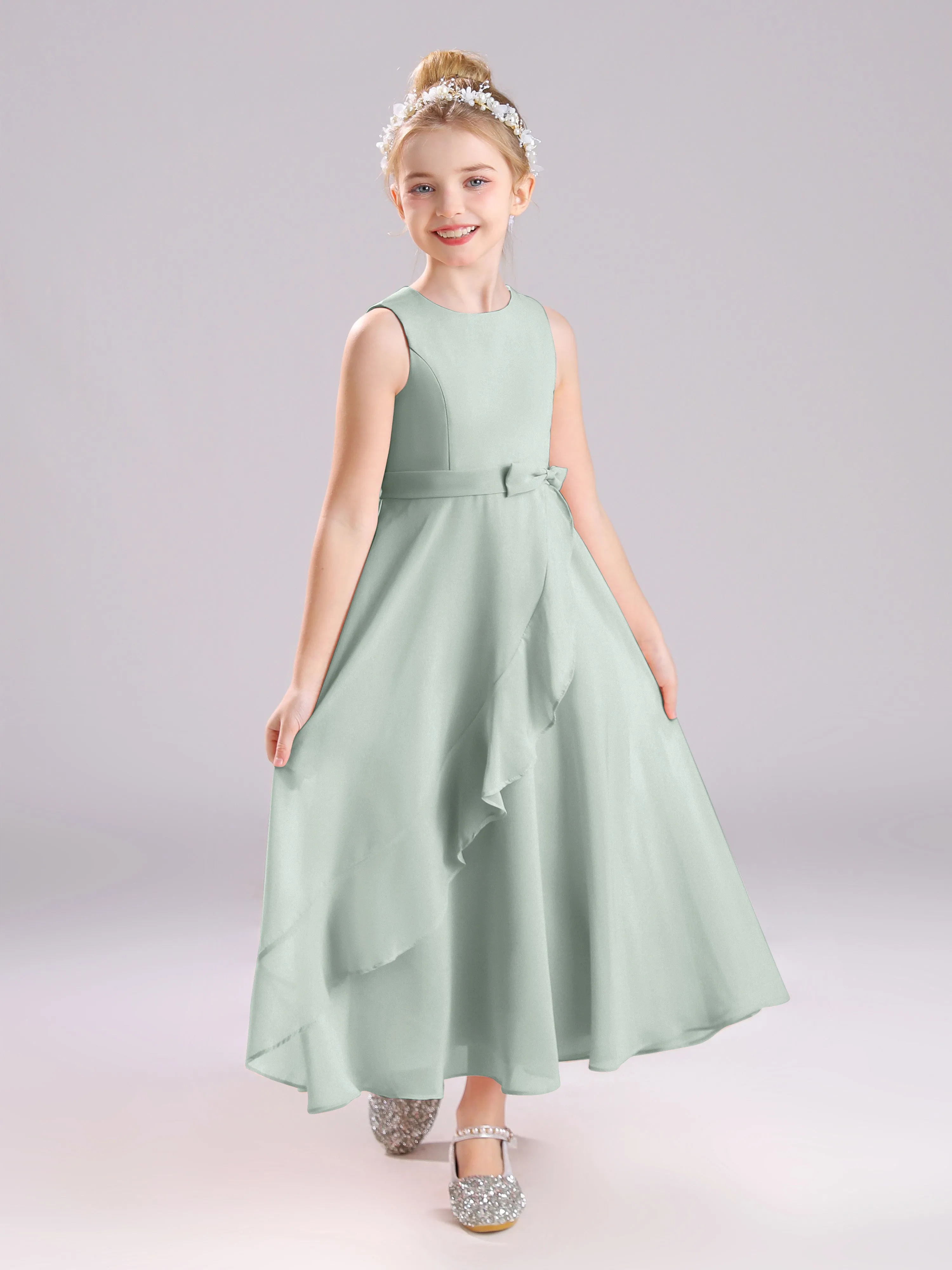 Sleeveless Jewel Long Bowknot Chiffon Junior Bridesmaid Dresses