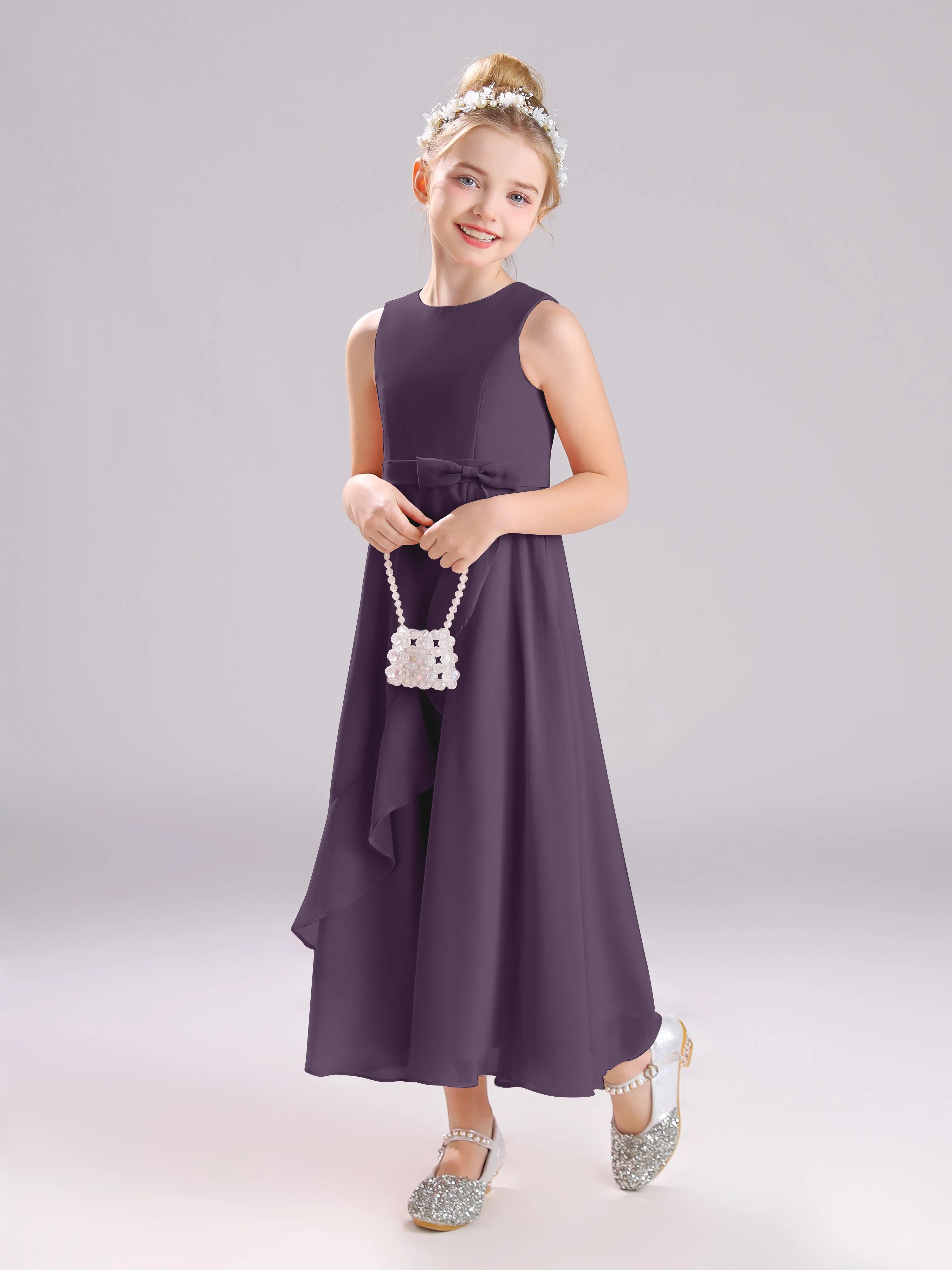 Sleeveless Jewel Long Bowknot Chiffon Junior Bridesmaid Dresses