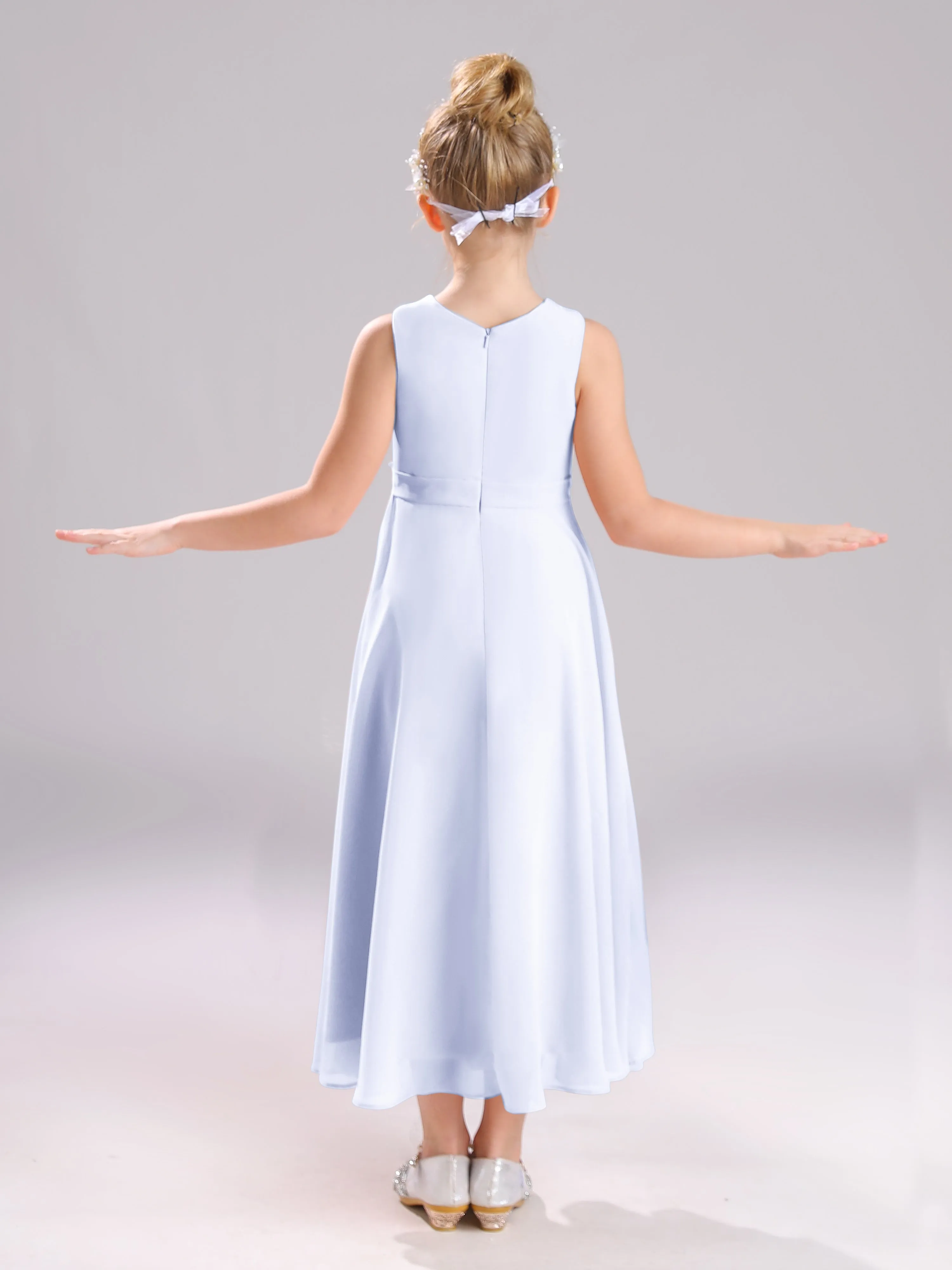 Sleeveless Jewel Long Bowknot Chiffon Junior Bridesmaid Dresses