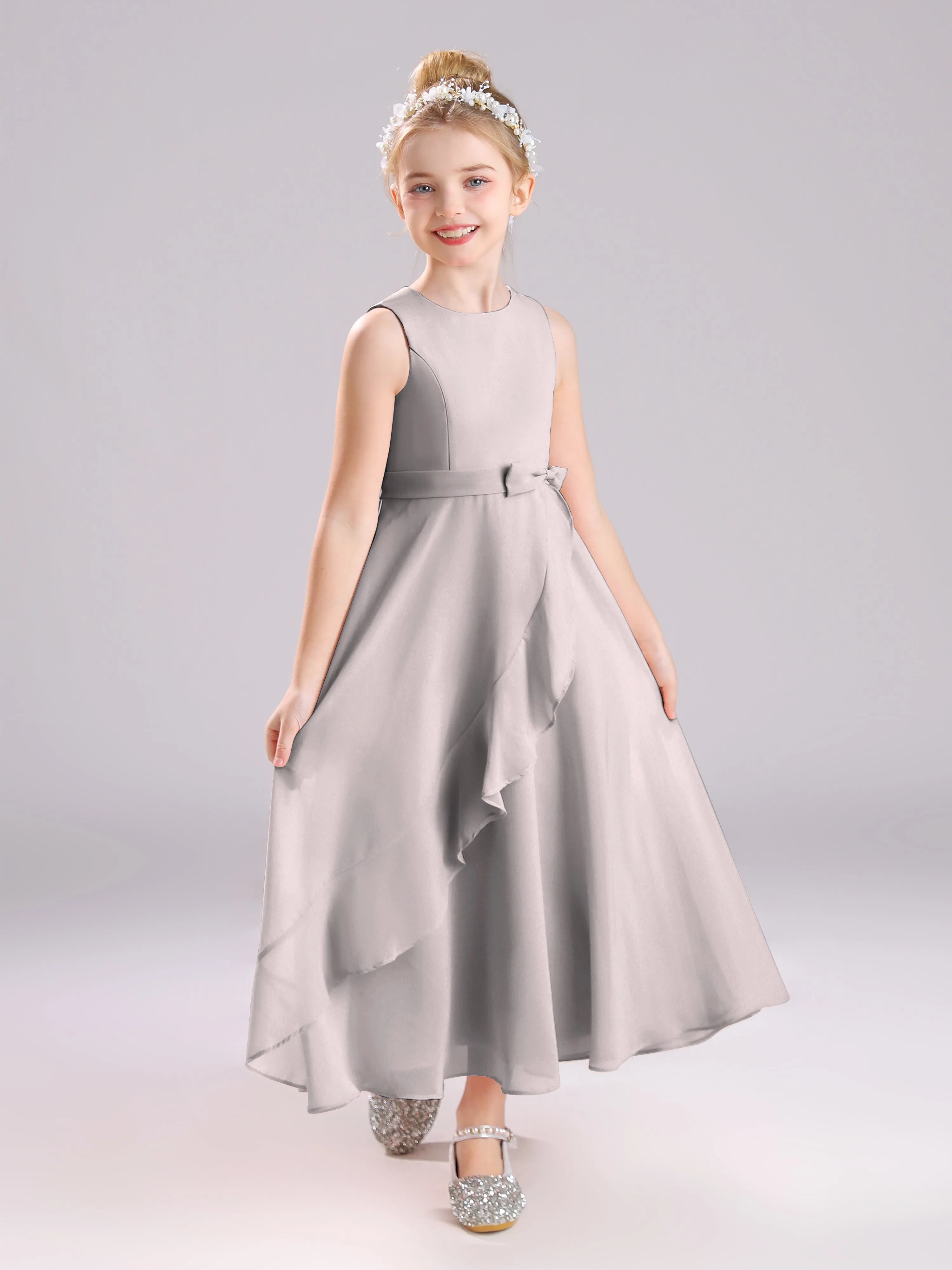 Sleeveless Jewel Long Bowknot Chiffon Junior Bridesmaid Dresses