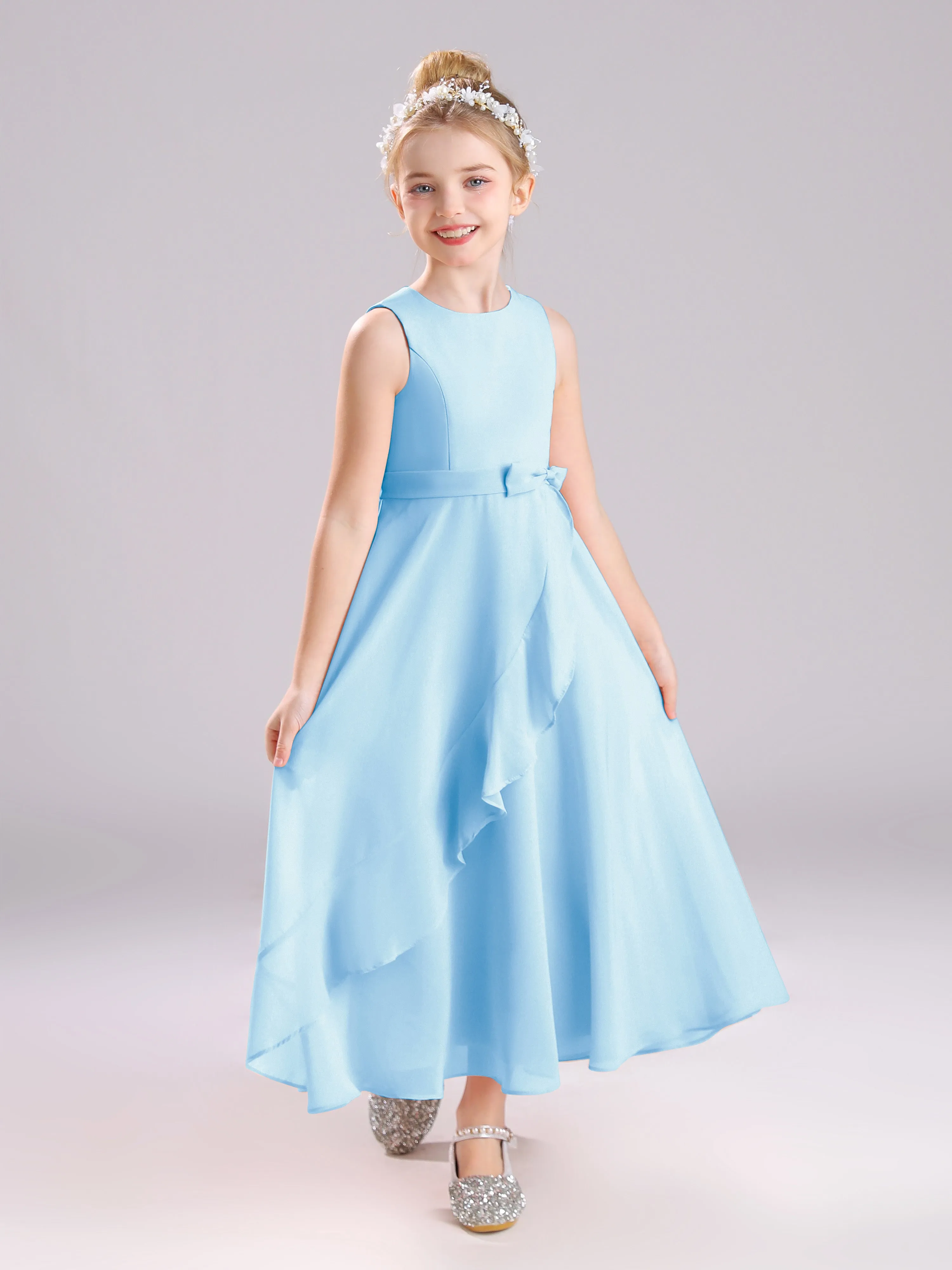 Sleeveless Jewel Long Bowknot Chiffon Junior Bridesmaid Dresses