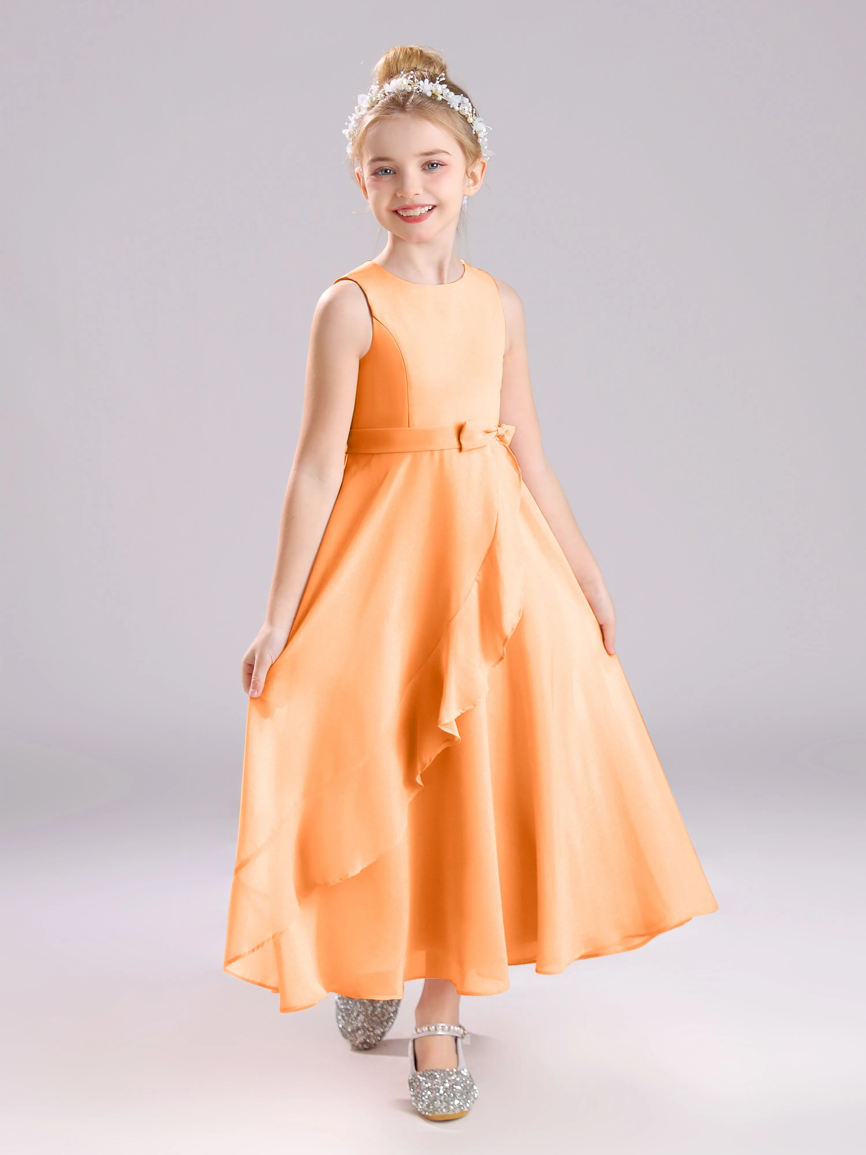 Sleeveless Jewel Long Bowknot Chiffon Junior Bridesmaid Dresses