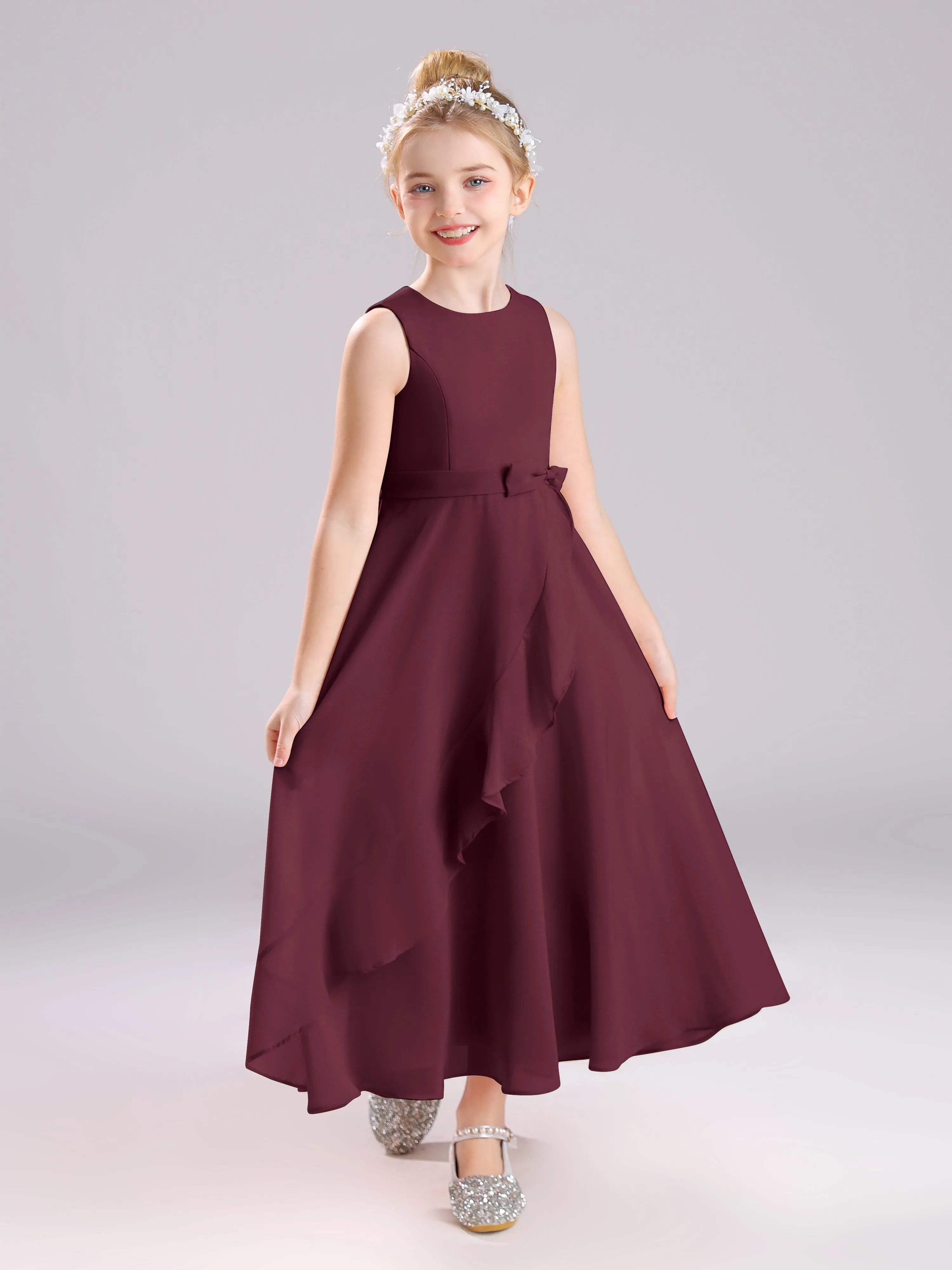 Sleeveless Jewel Long Bowknot Chiffon Junior Bridesmaid Dresses