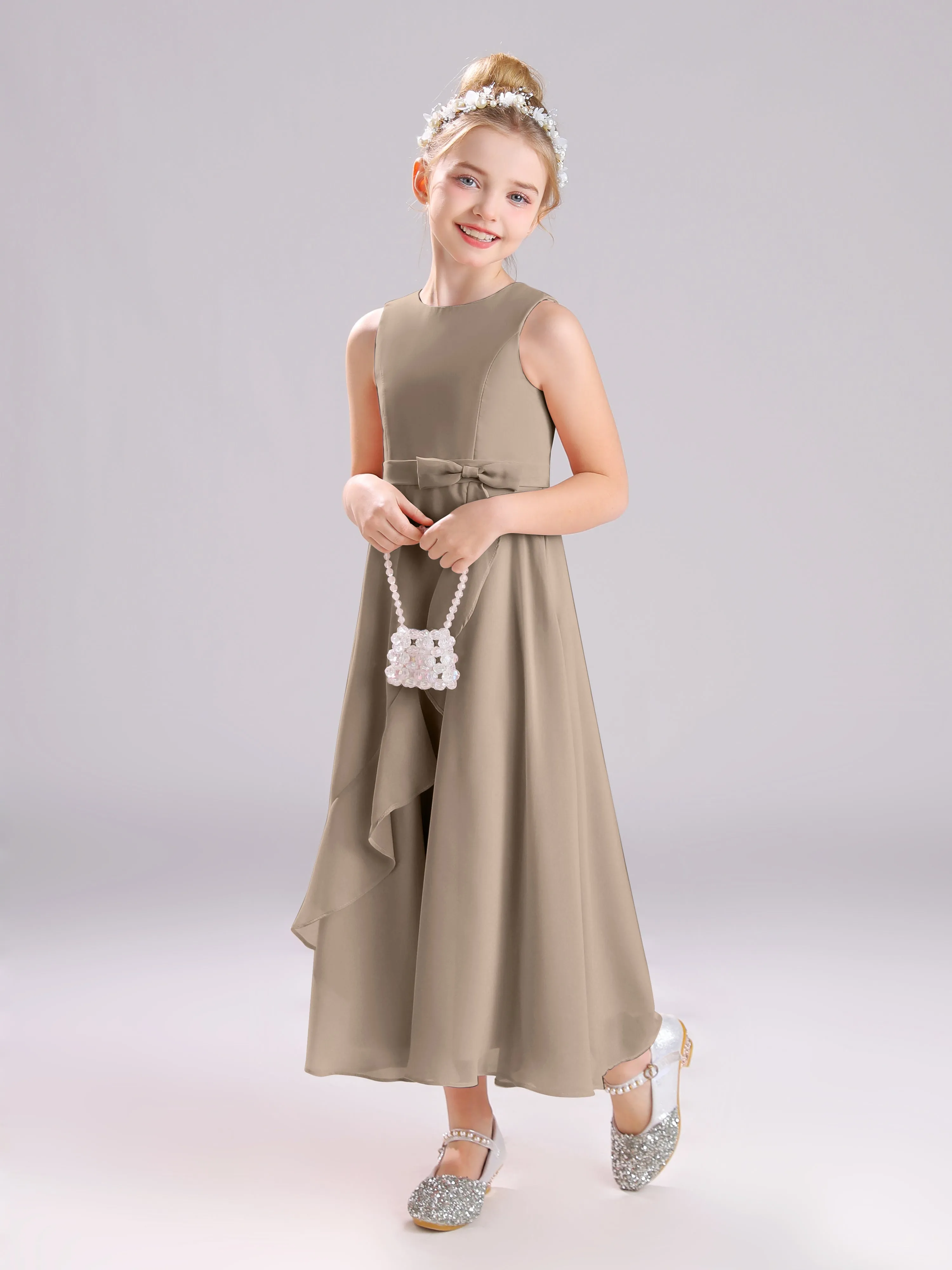 Sleeveless Jewel Long Bowknot Chiffon Junior Bridesmaid Dresses