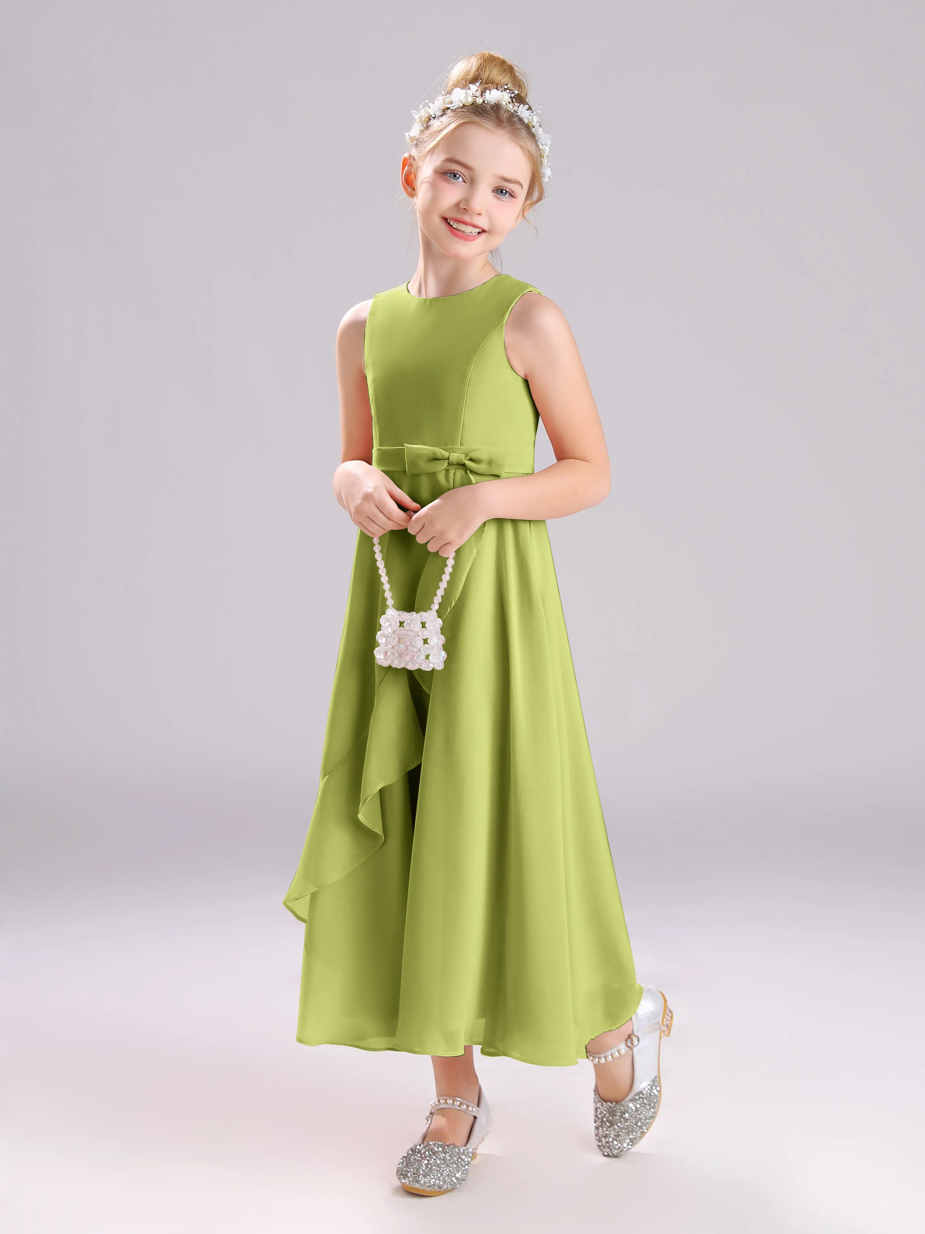 Sleeveless Jewel Long Bowknot Chiffon Junior Bridesmaid Dresses