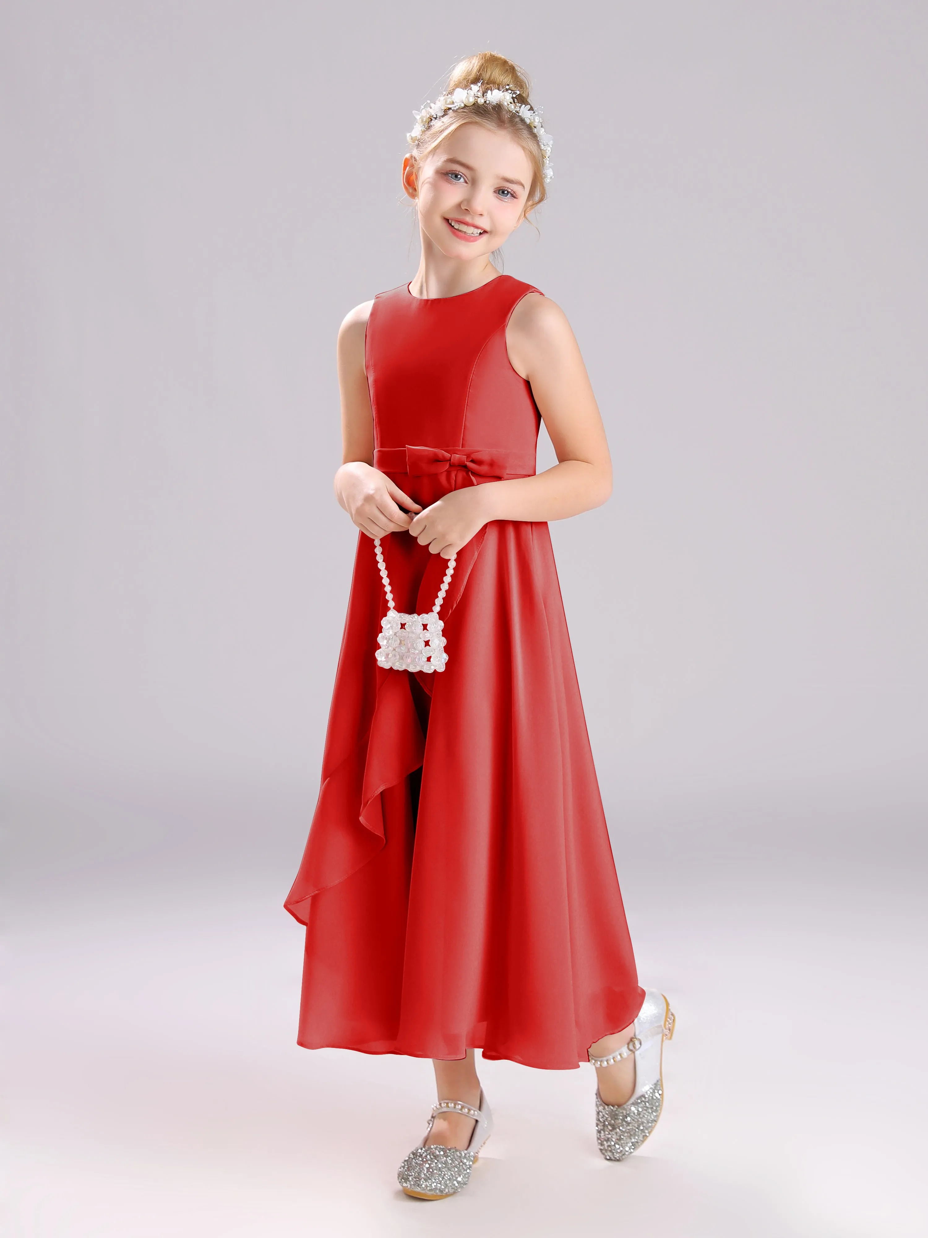 Sleeveless Jewel Long Bowknot Chiffon Junior Bridesmaid Dresses