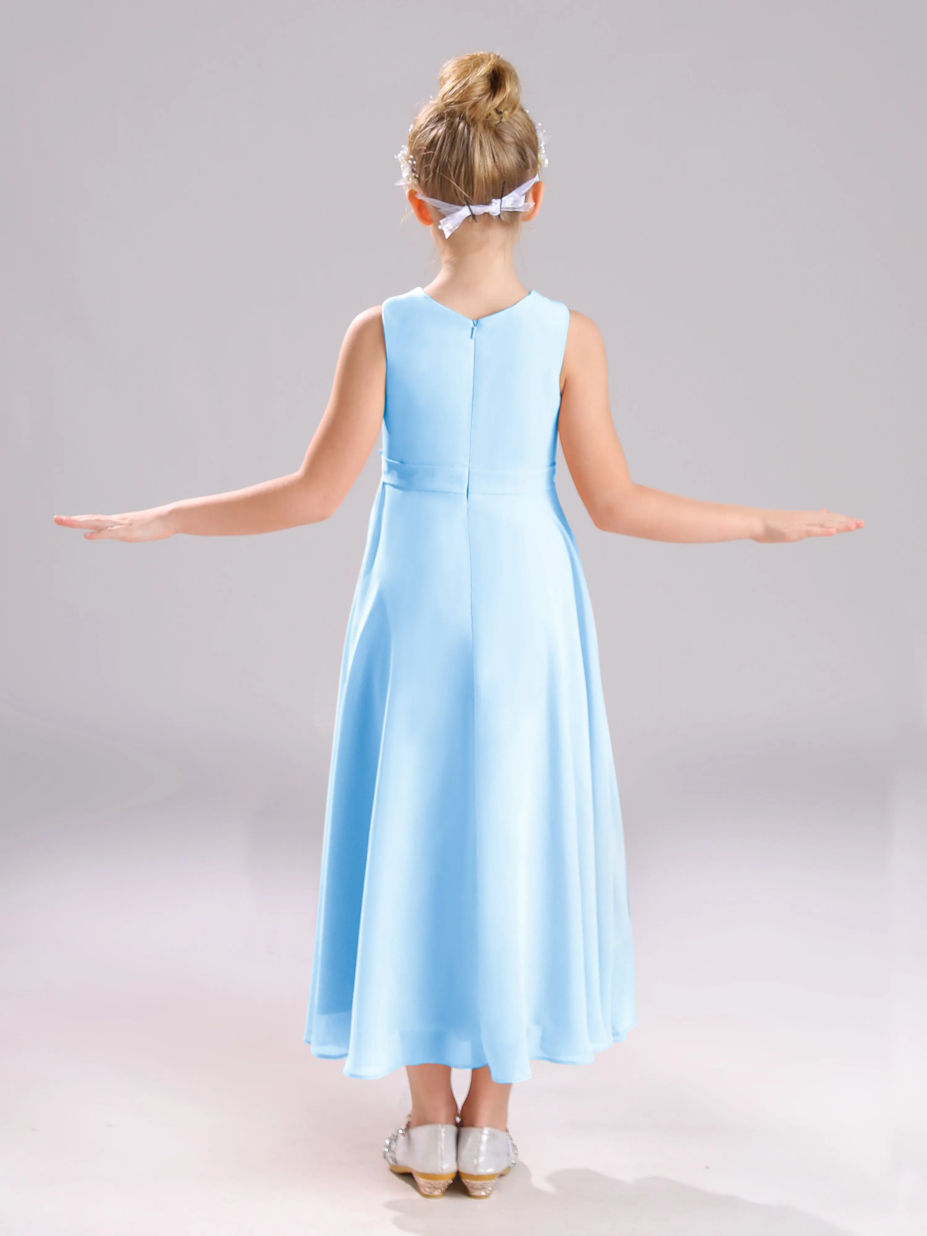 Sleeveless Jewel Long Bowknot Chiffon Junior Bridesmaid Dresses