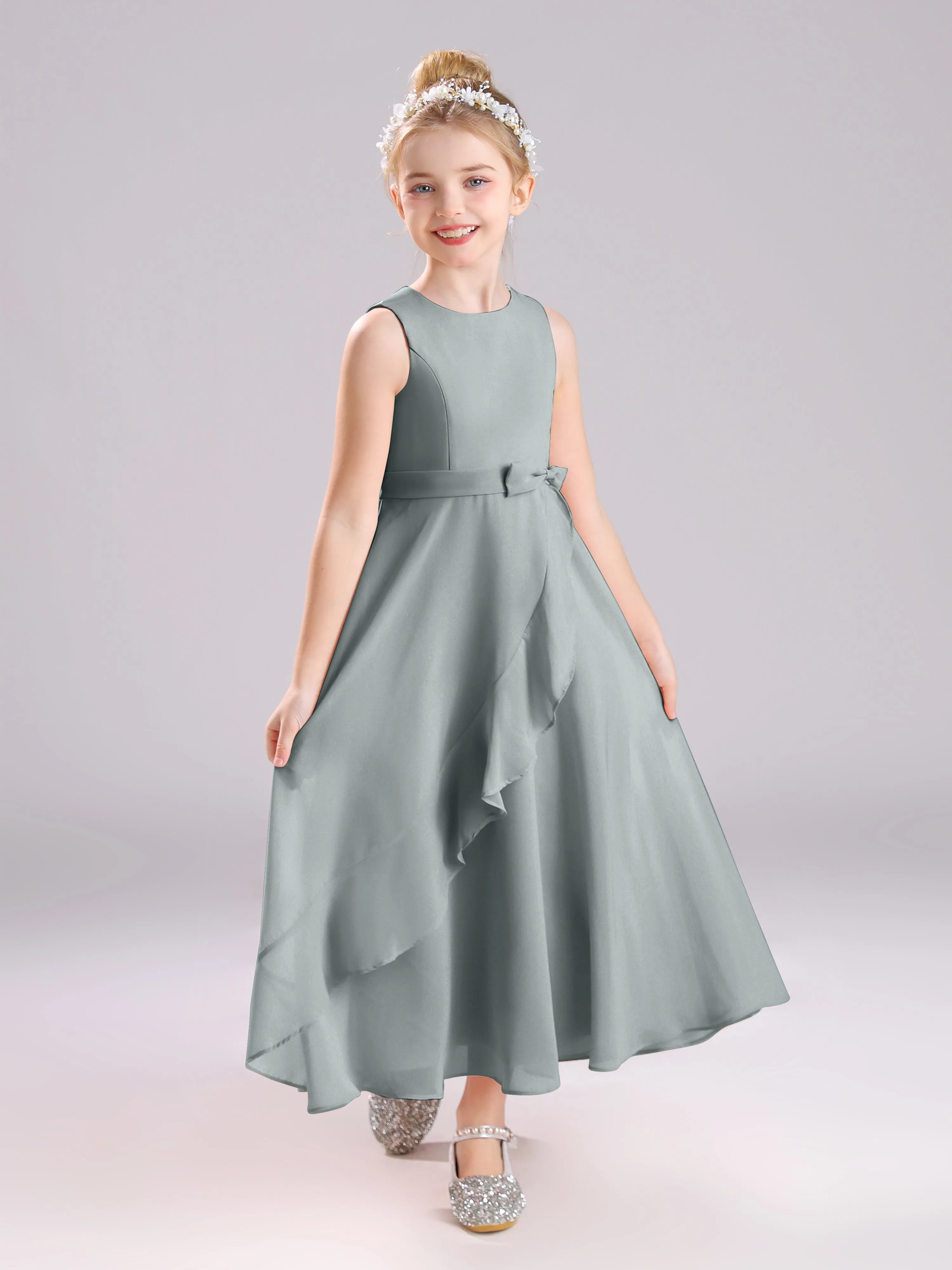 Sleeveless Jewel Long Bowknot Chiffon Junior Bridesmaid Dresses