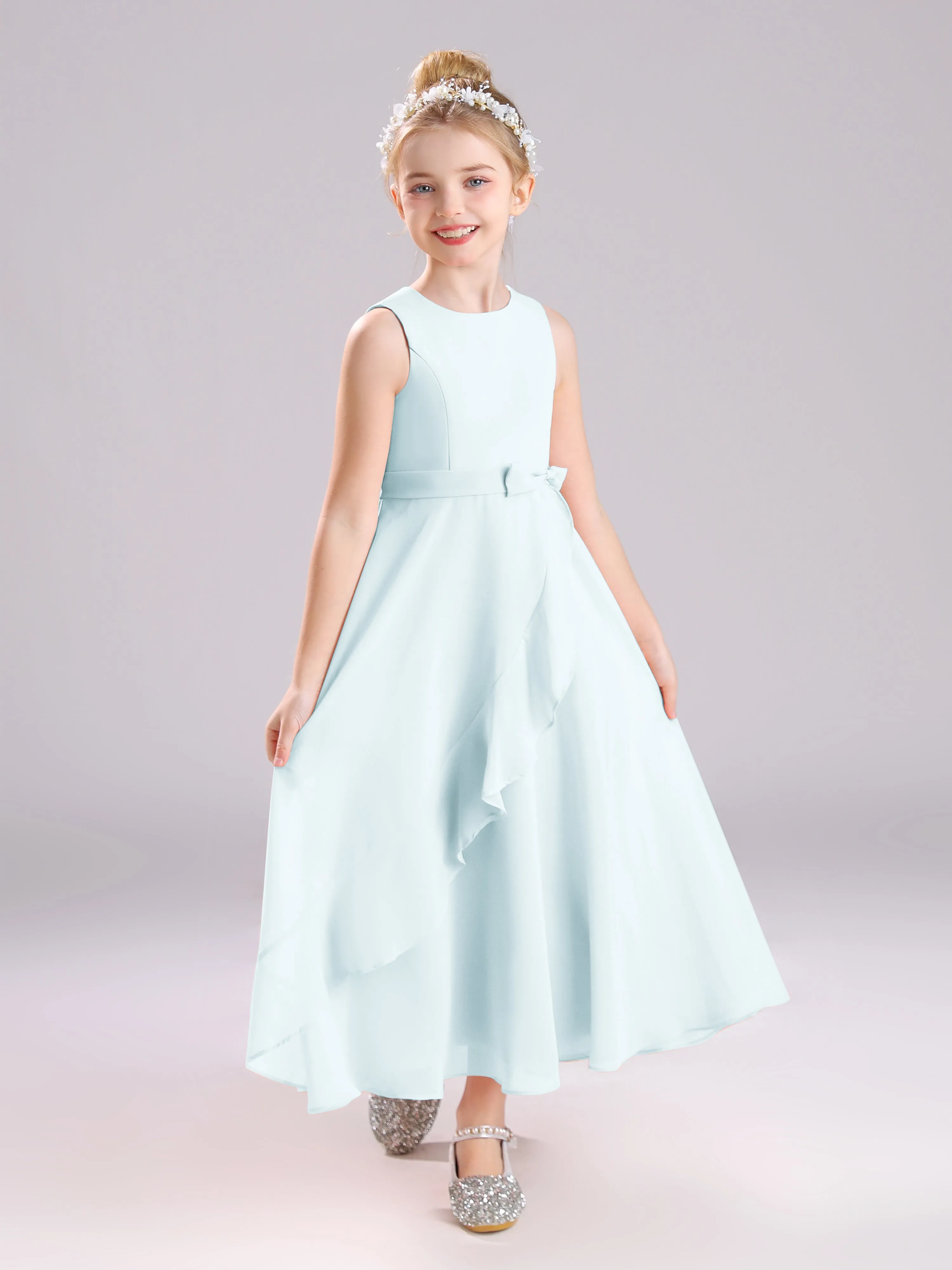 Sleeveless Jewel Long Bowknot Chiffon Junior Bridesmaid Dresses