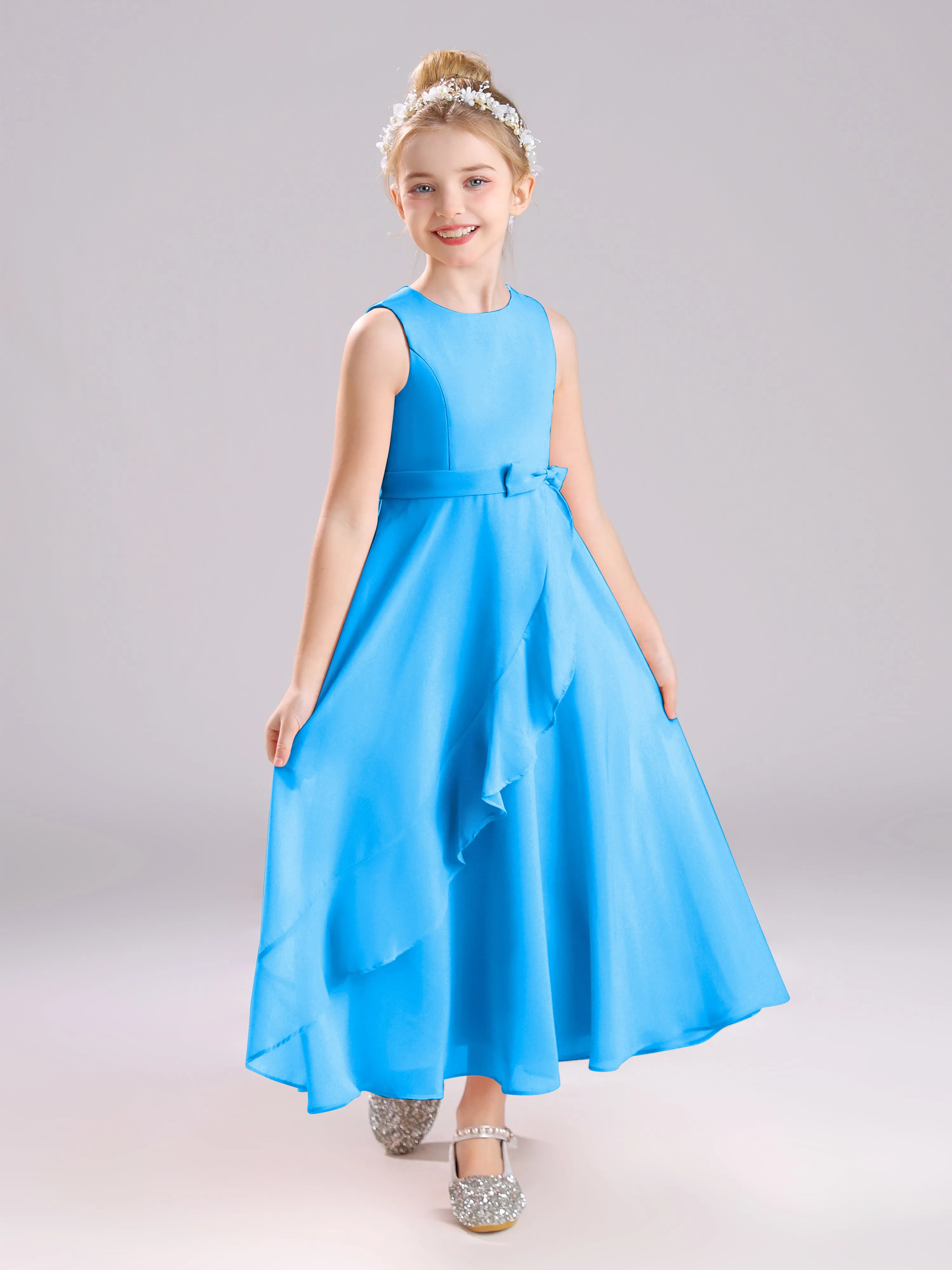 Sleeveless Jewel Long Bowknot Chiffon Junior Bridesmaid Dresses