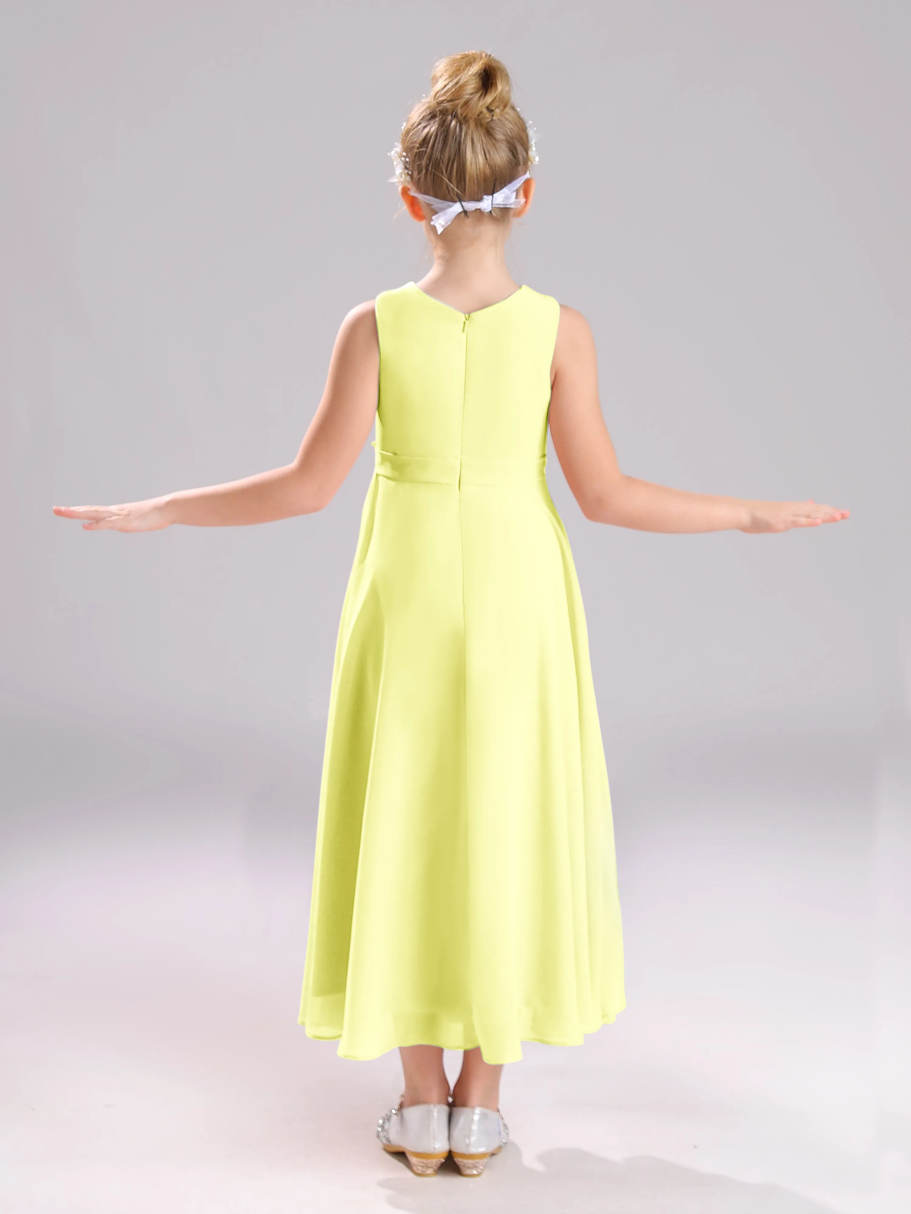 Sleeveless Jewel Long Bowknot Chiffon Junior Bridesmaid Dresses