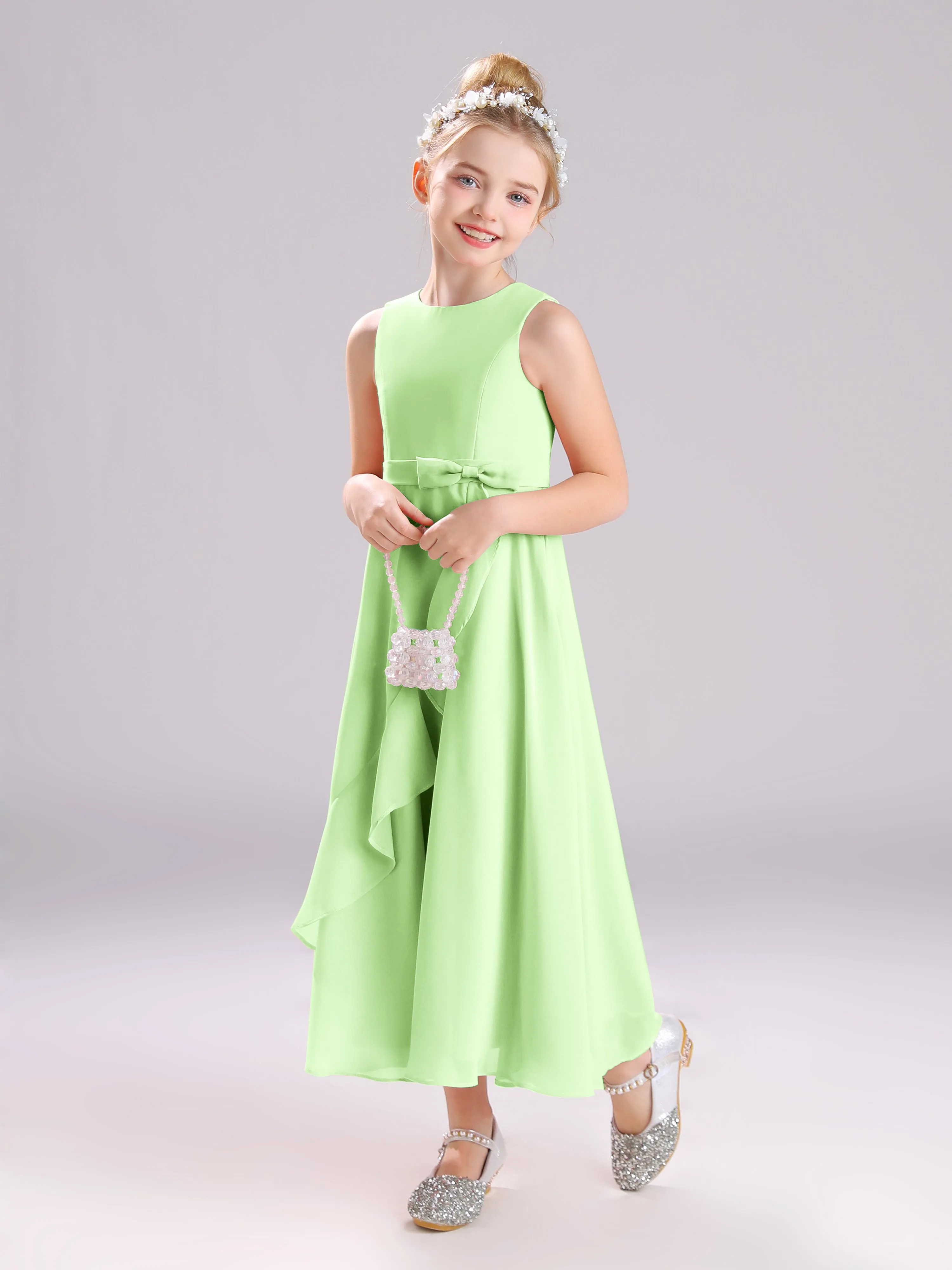 Sleeveless Jewel Long Bowknot Chiffon Junior Bridesmaid Dresses