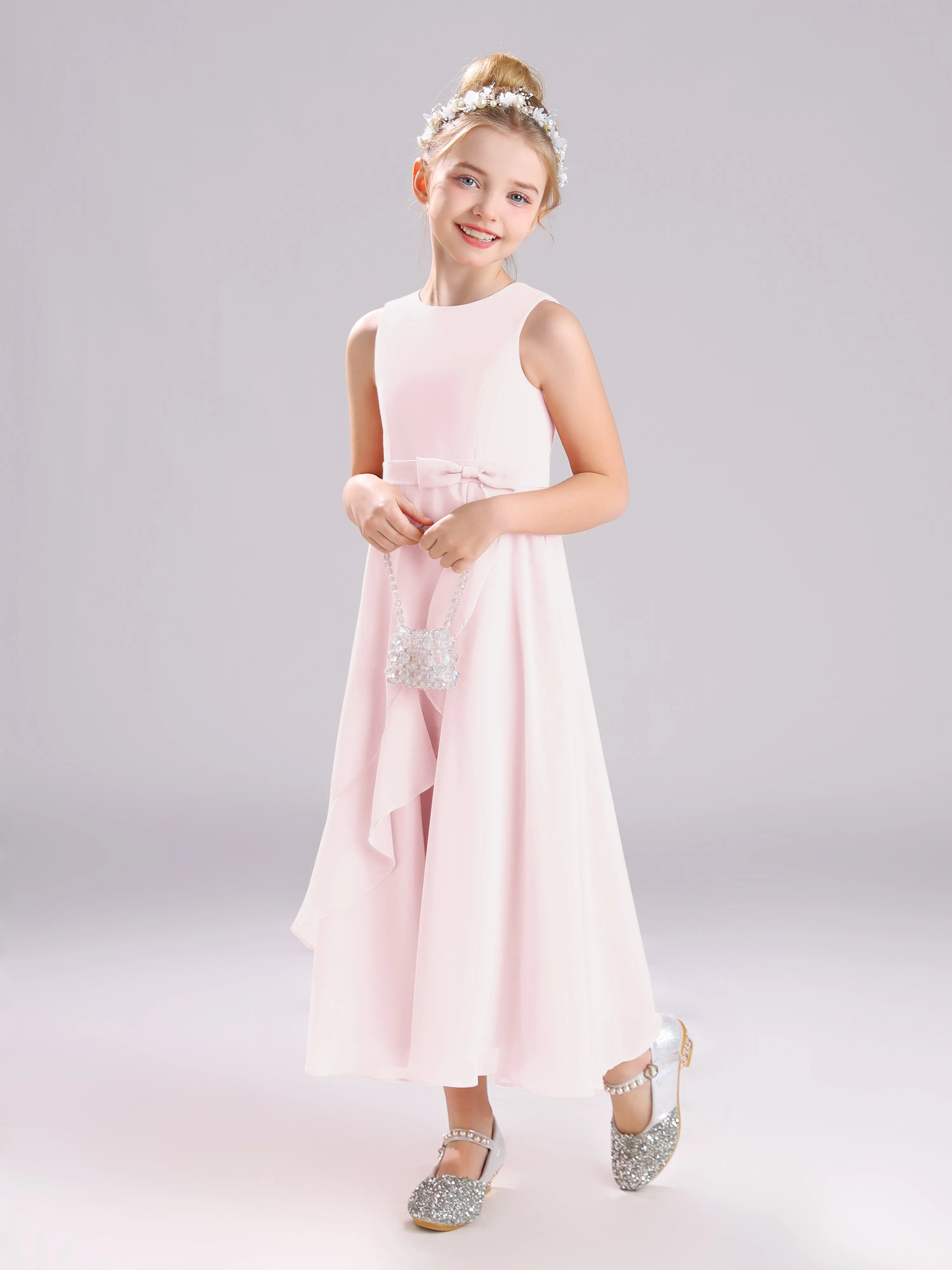 Sleeveless Jewel Long Bowknot Chiffon Junior Bridesmaid Dresses