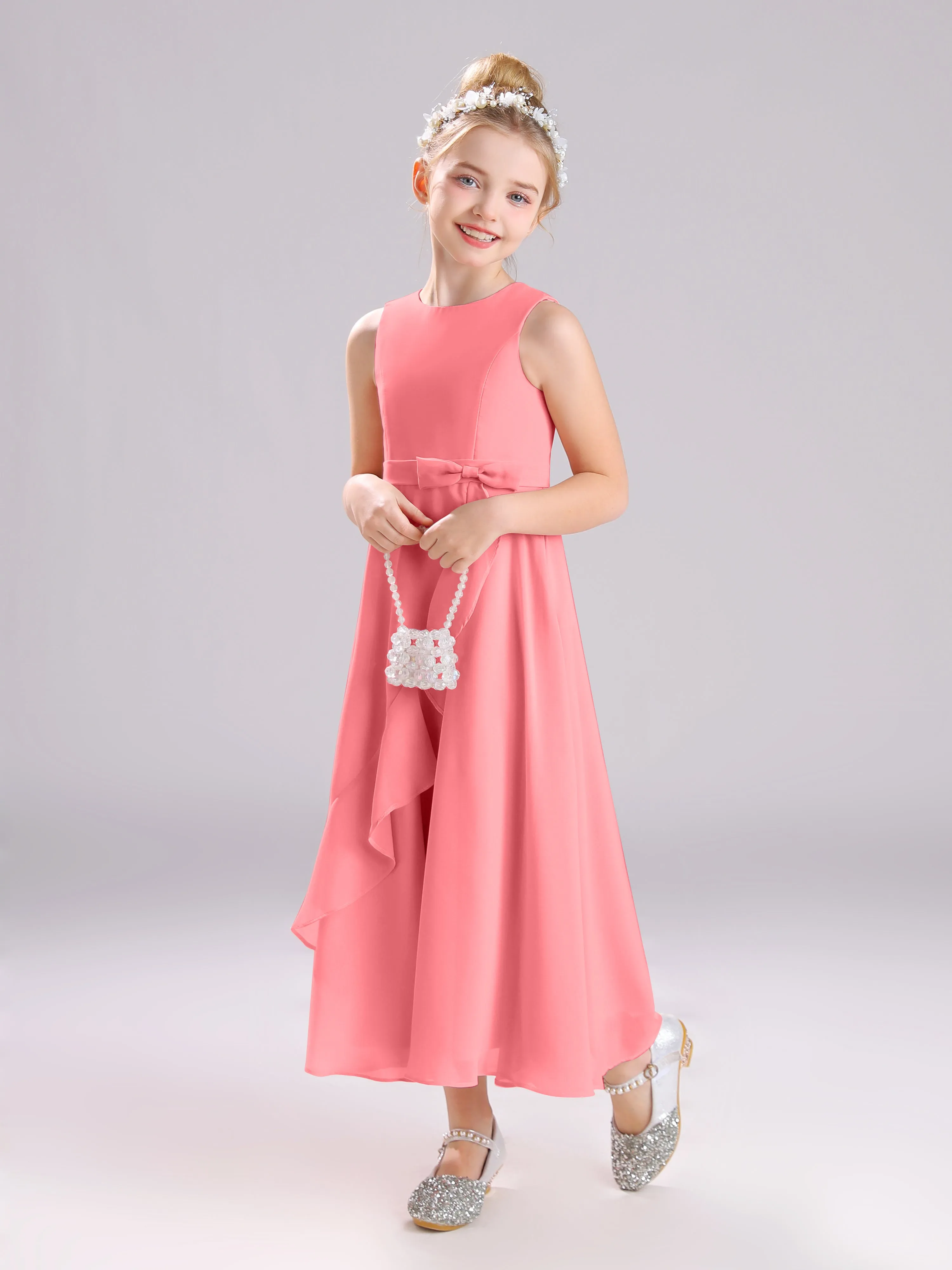 Sleeveless Jewel Long Bowknot Chiffon Junior Bridesmaid Dresses