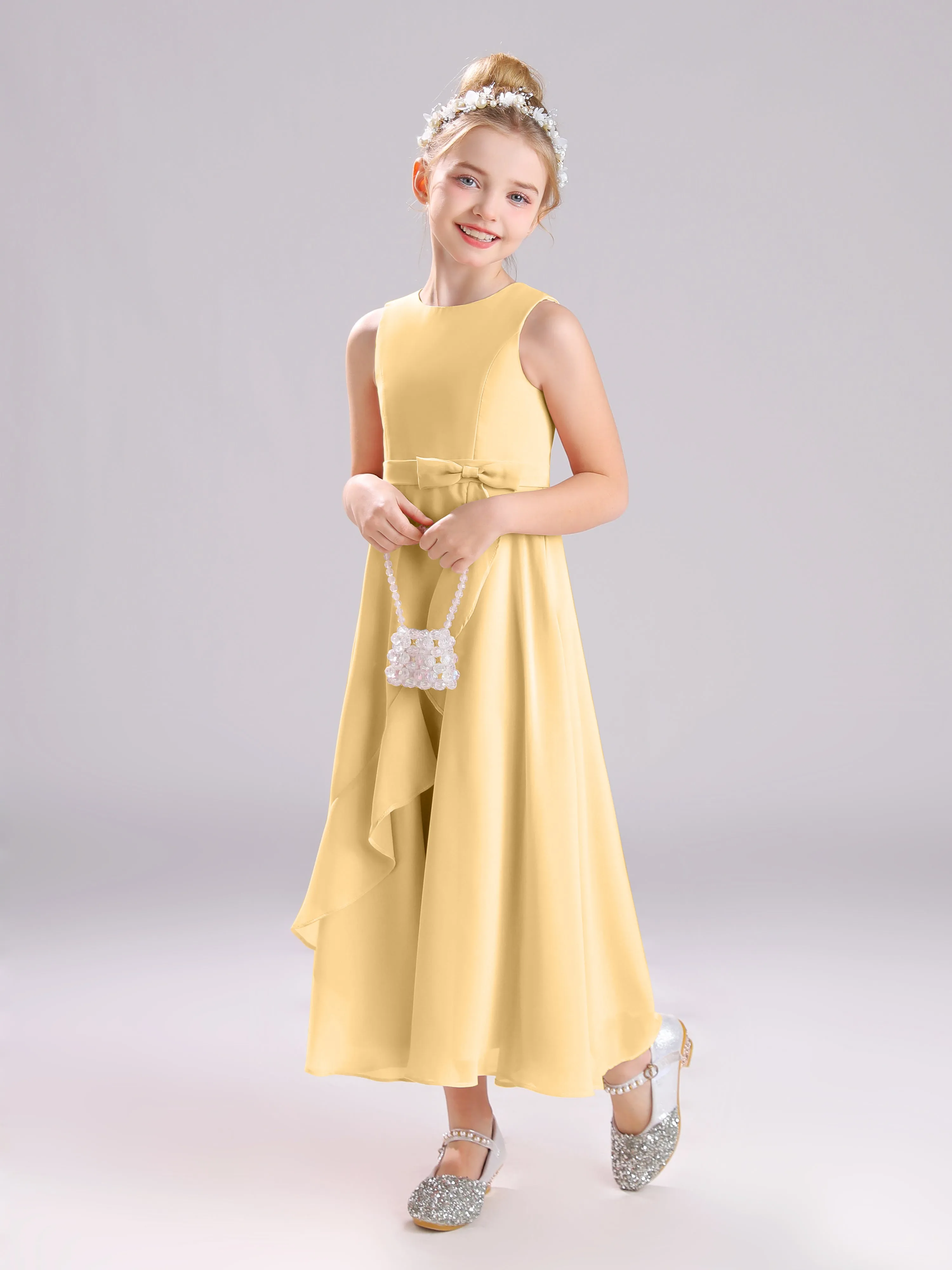 Sleeveless Jewel Long Bowknot Chiffon Junior Bridesmaid Dresses