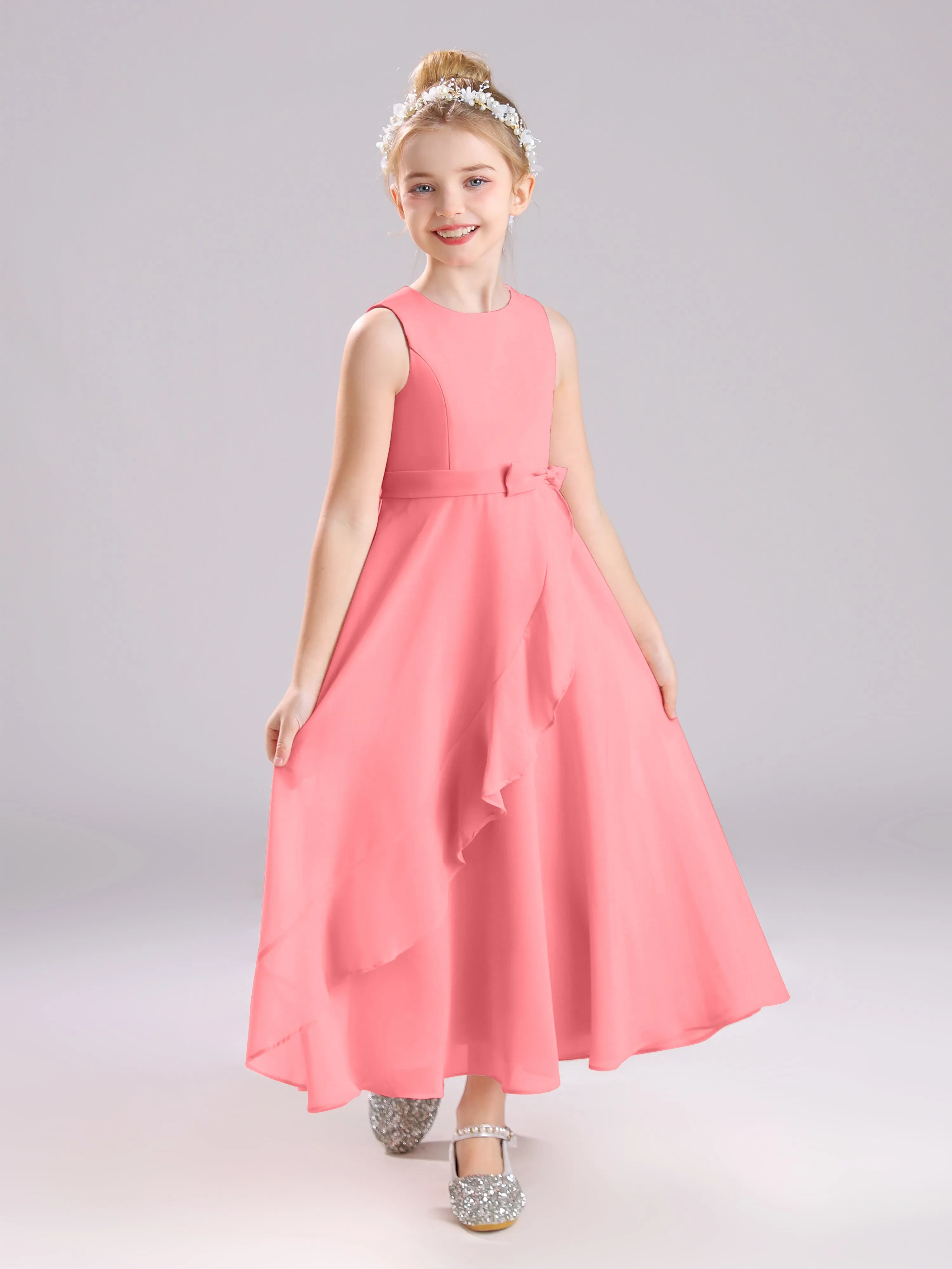 Sleeveless Jewel Long Bowknot Chiffon Junior Bridesmaid Dresses