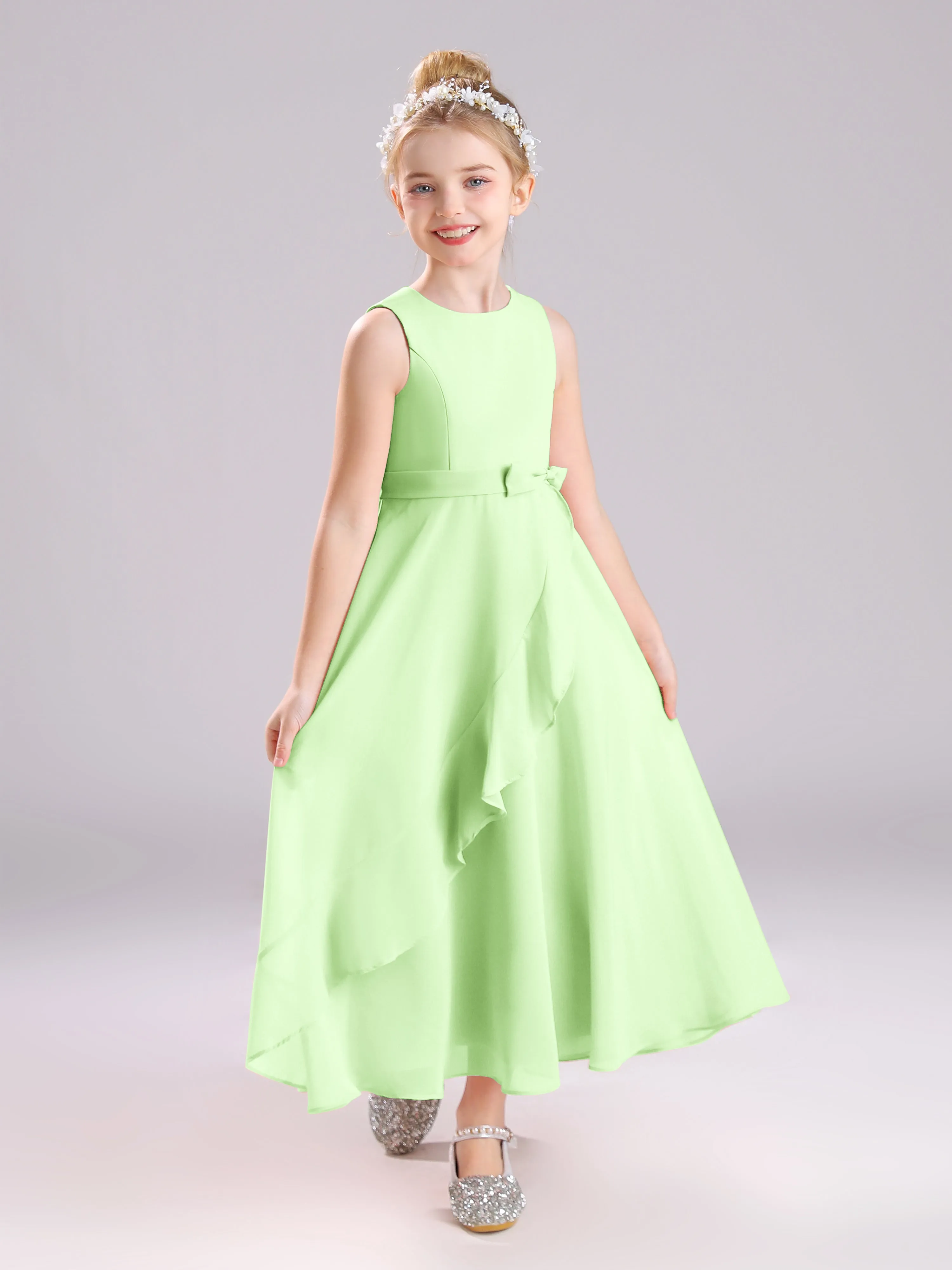 Sleeveless Jewel Long Bowknot Chiffon Junior Bridesmaid Dresses