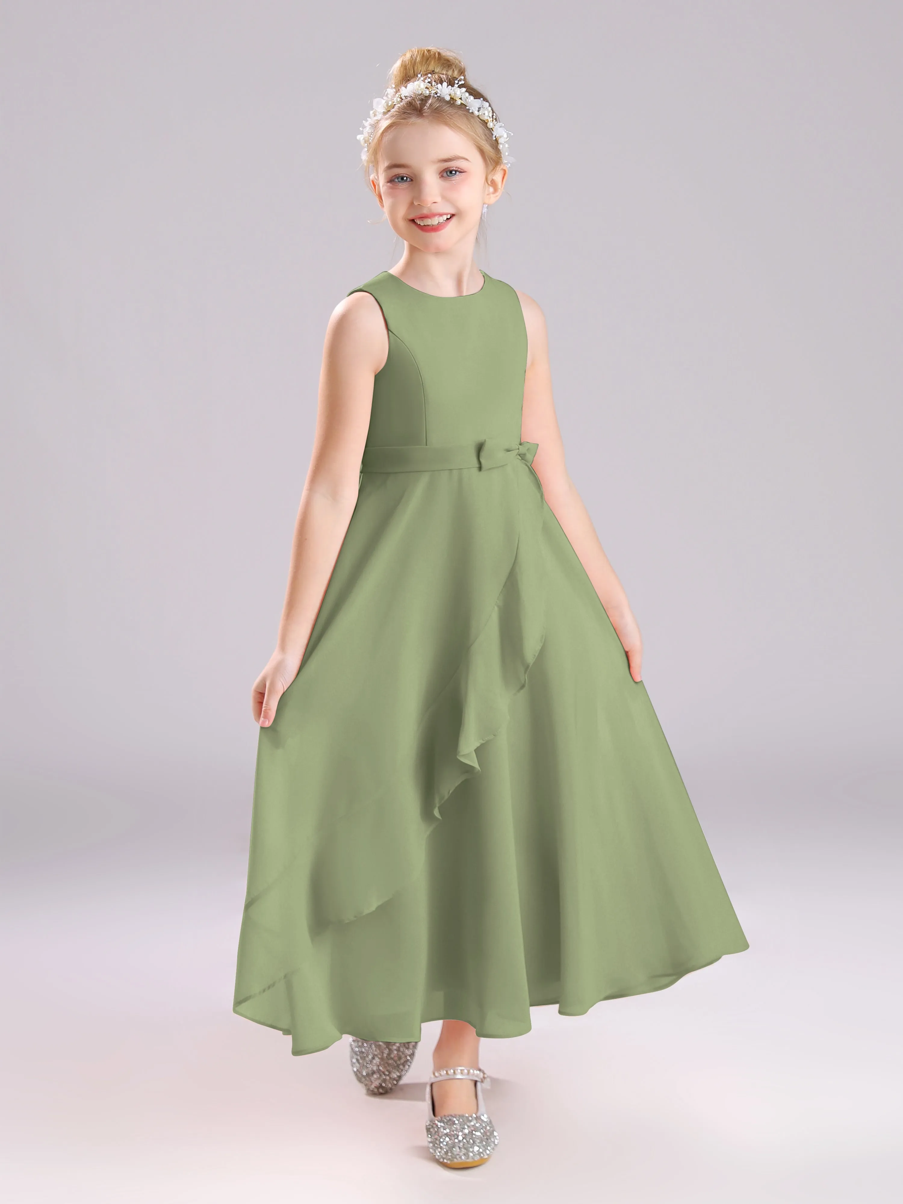 Sleeveless Jewel Long Bowknot Chiffon Junior Bridesmaid Dresses