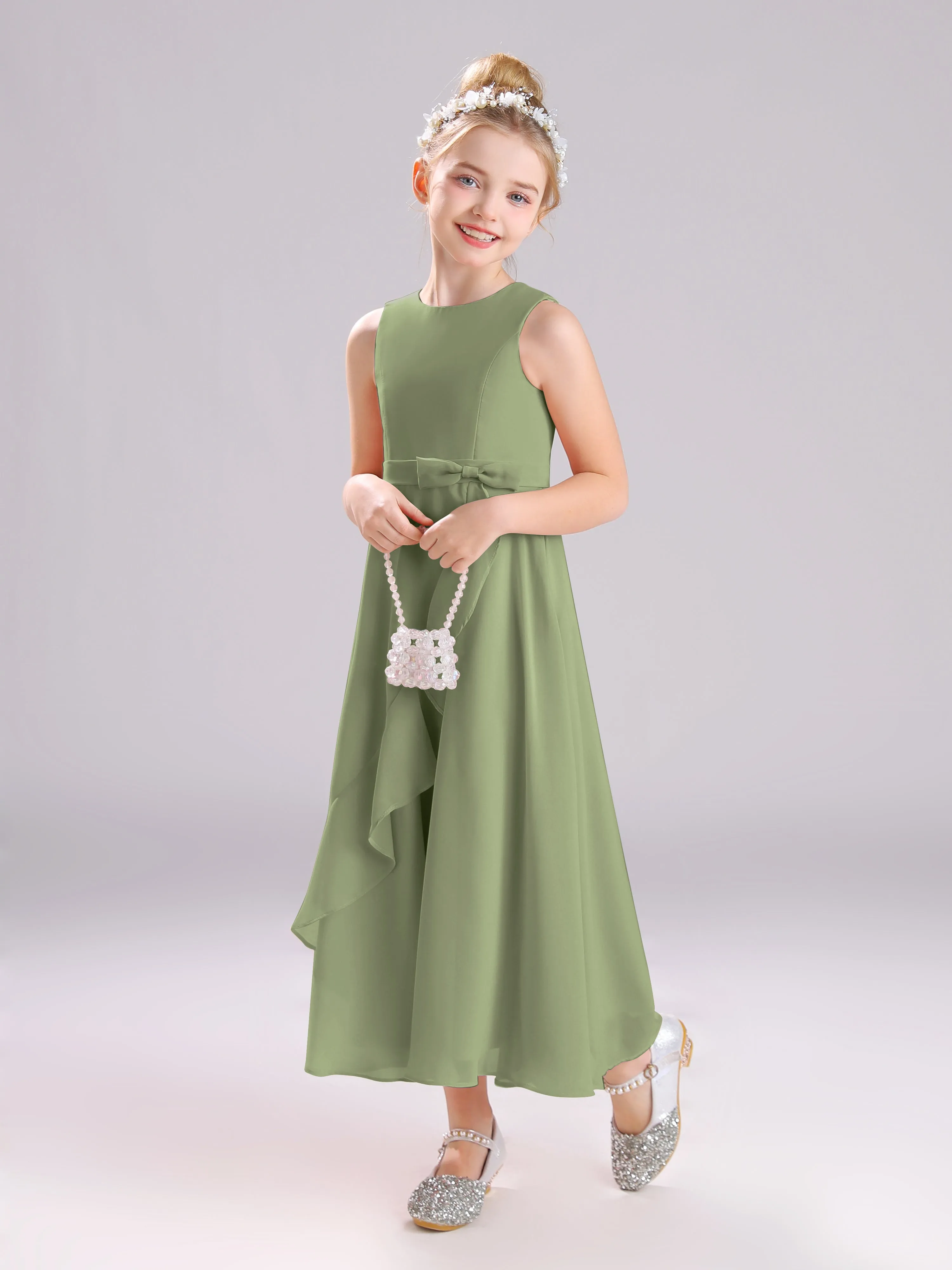 Sleeveless Jewel Long Bowknot Chiffon Junior Bridesmaid Dresses