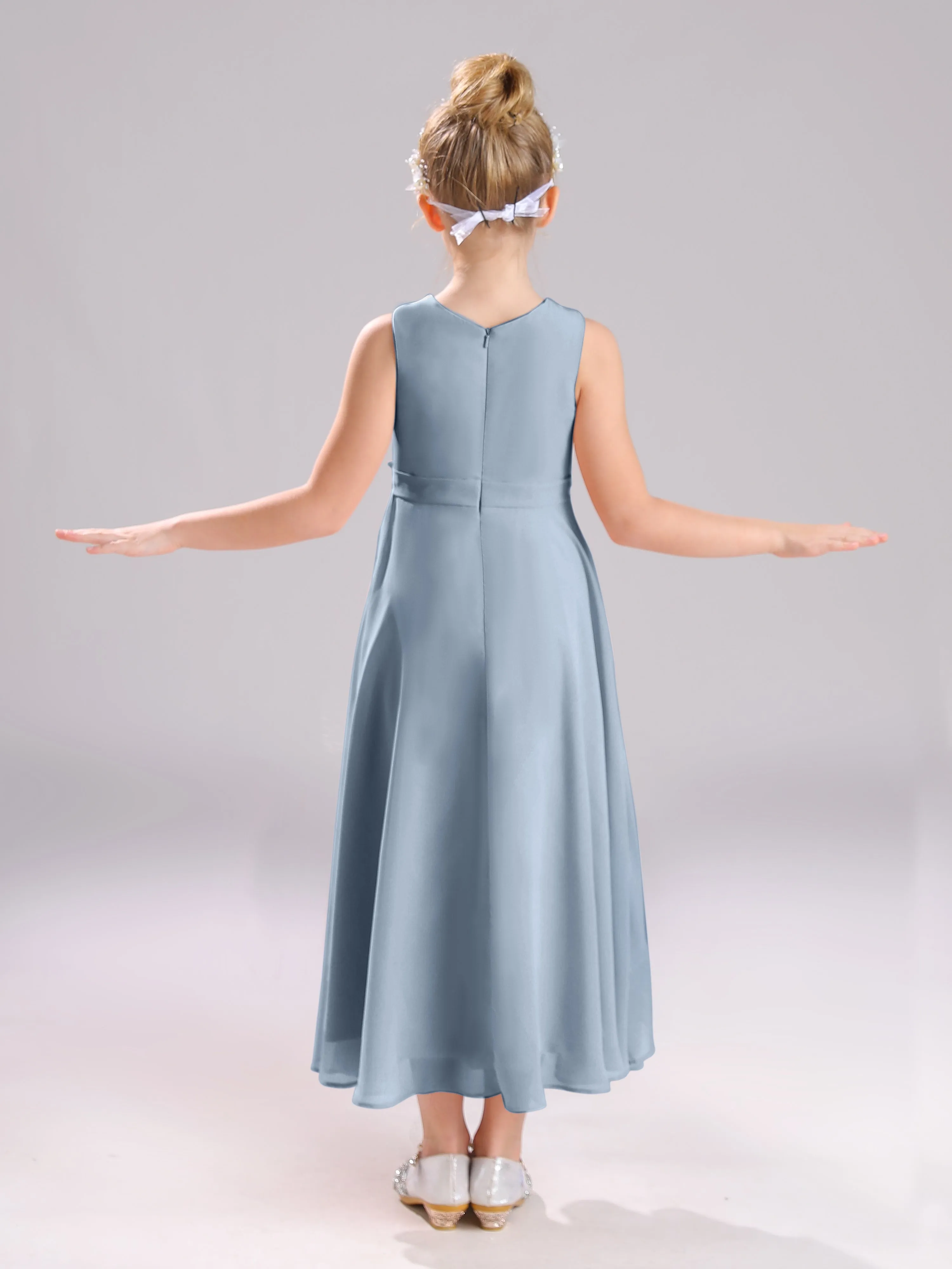 Sleeveless Jewel Long Bowknot Chiffon Junior Bridesmaid Dresses