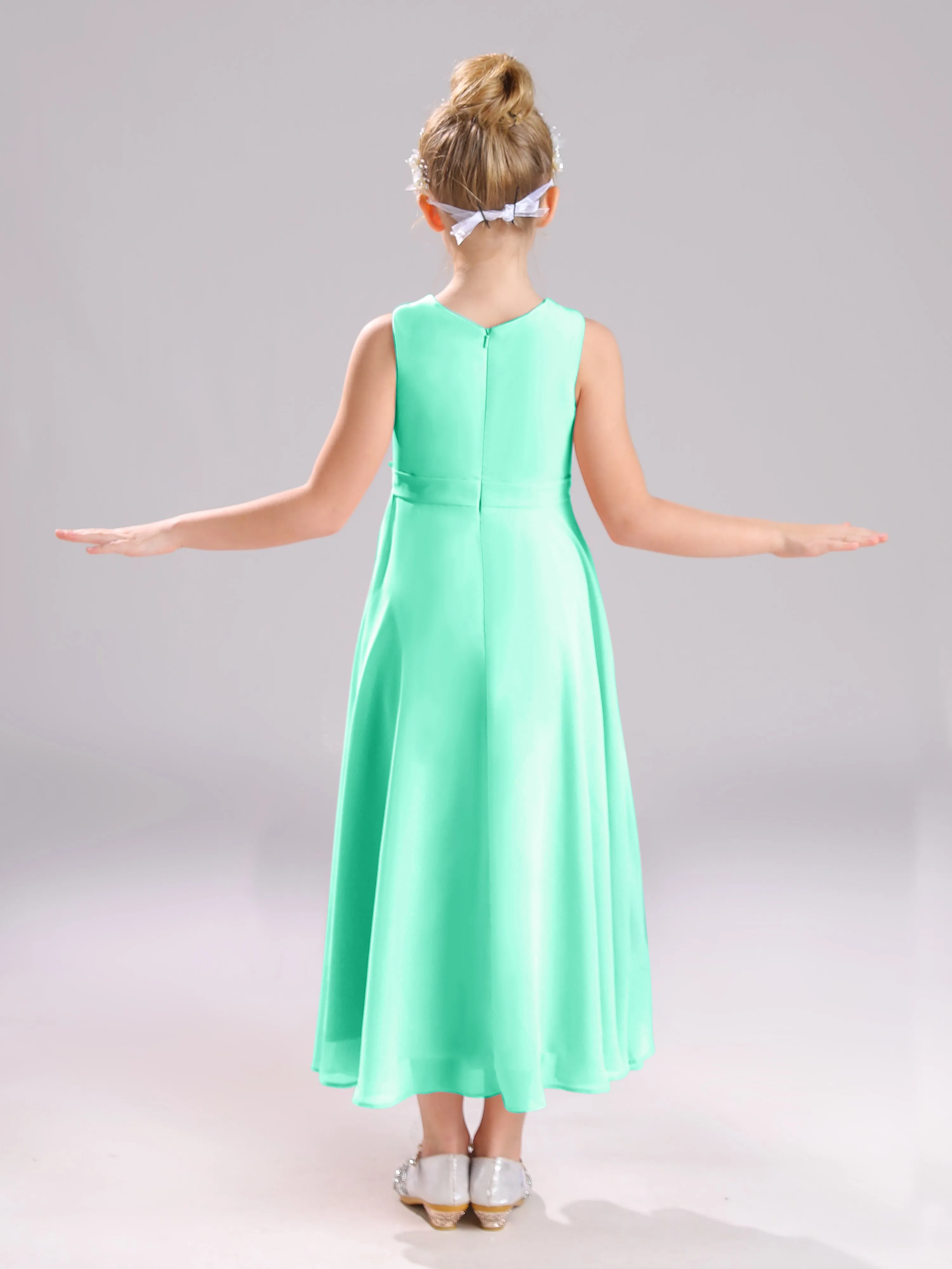 Sleeveless Jewel Long Bowknot Chiffon Junior Bridesmaid Dresses