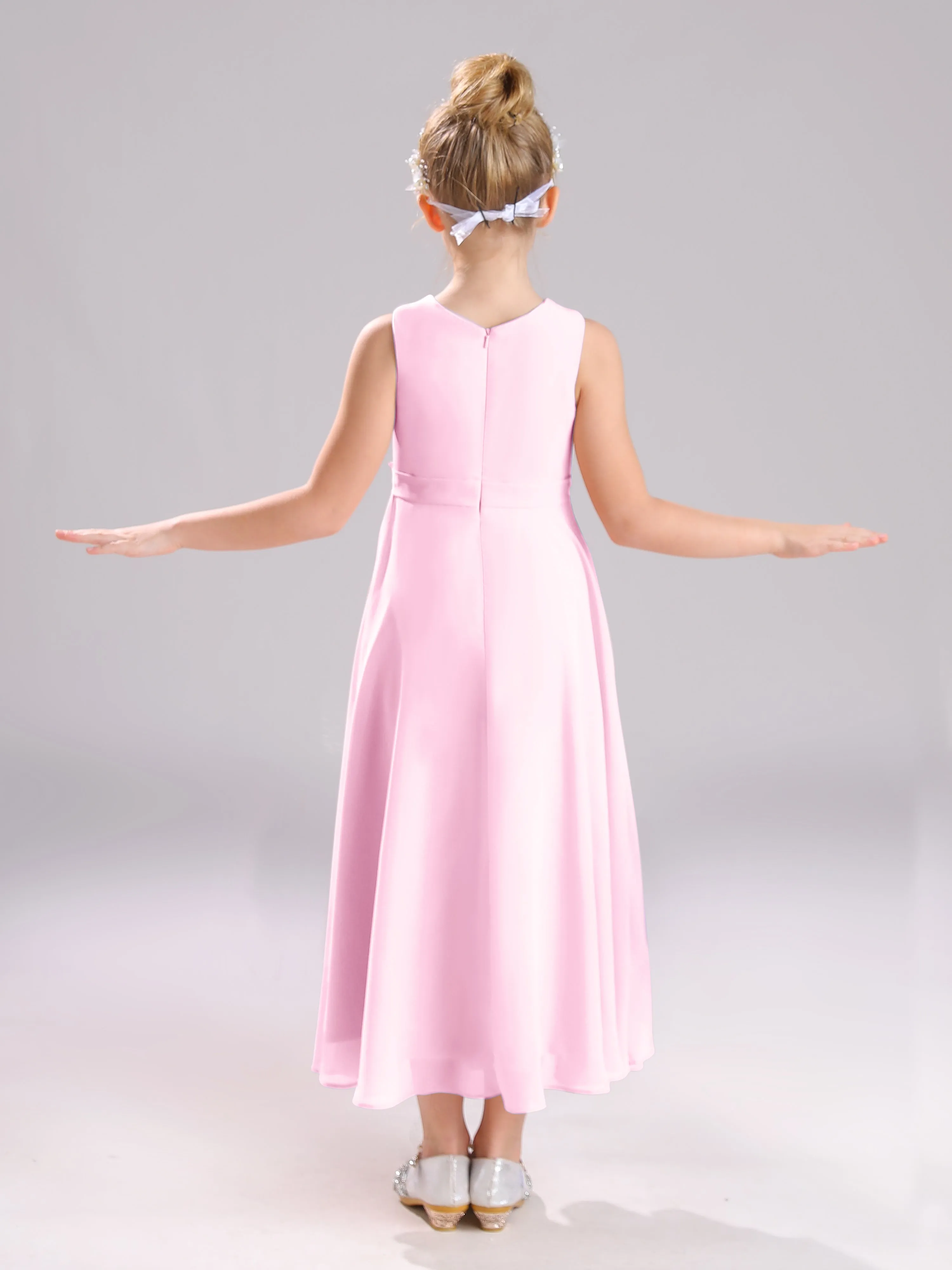 Sleeveless Jewel Long Bowknot Chiffon Junior Bridesmaid Dresses