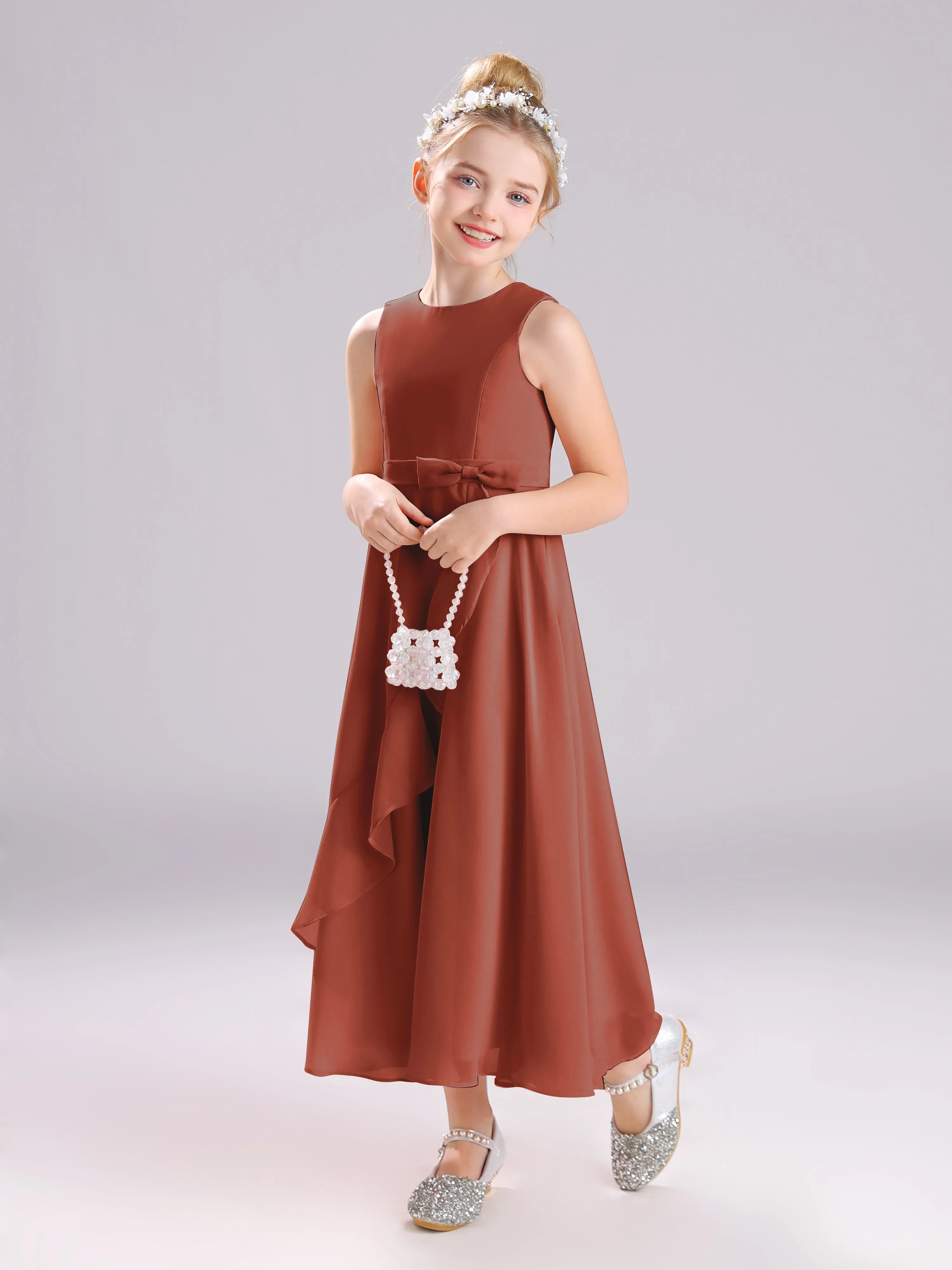 Sleeveless Jewel Long Bowknot Chiffon Junior Bridesmaid Dresses