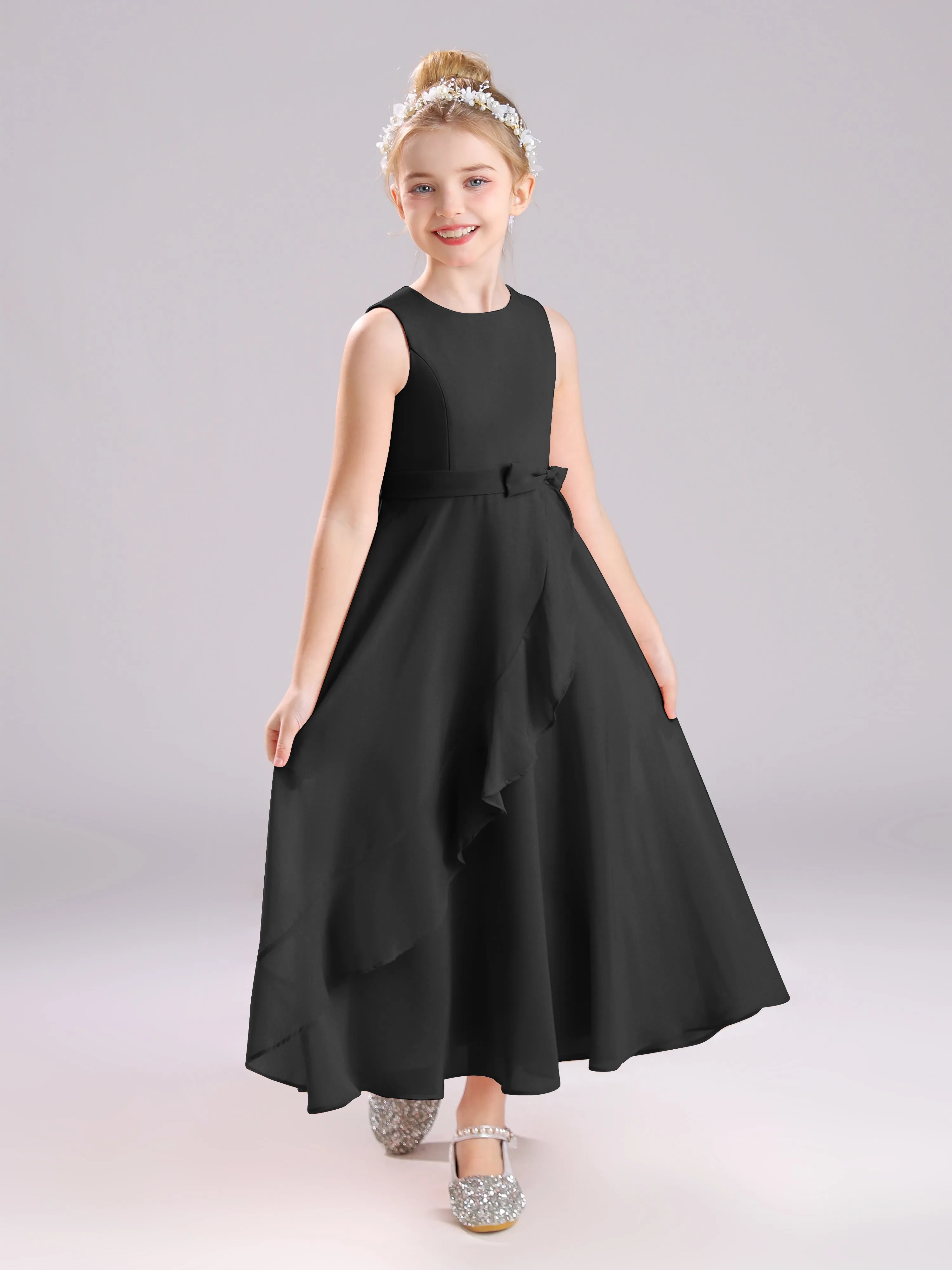 Sleeveless Jewel Long Bowknot Chiffon Junior Bridesmaid Dresses