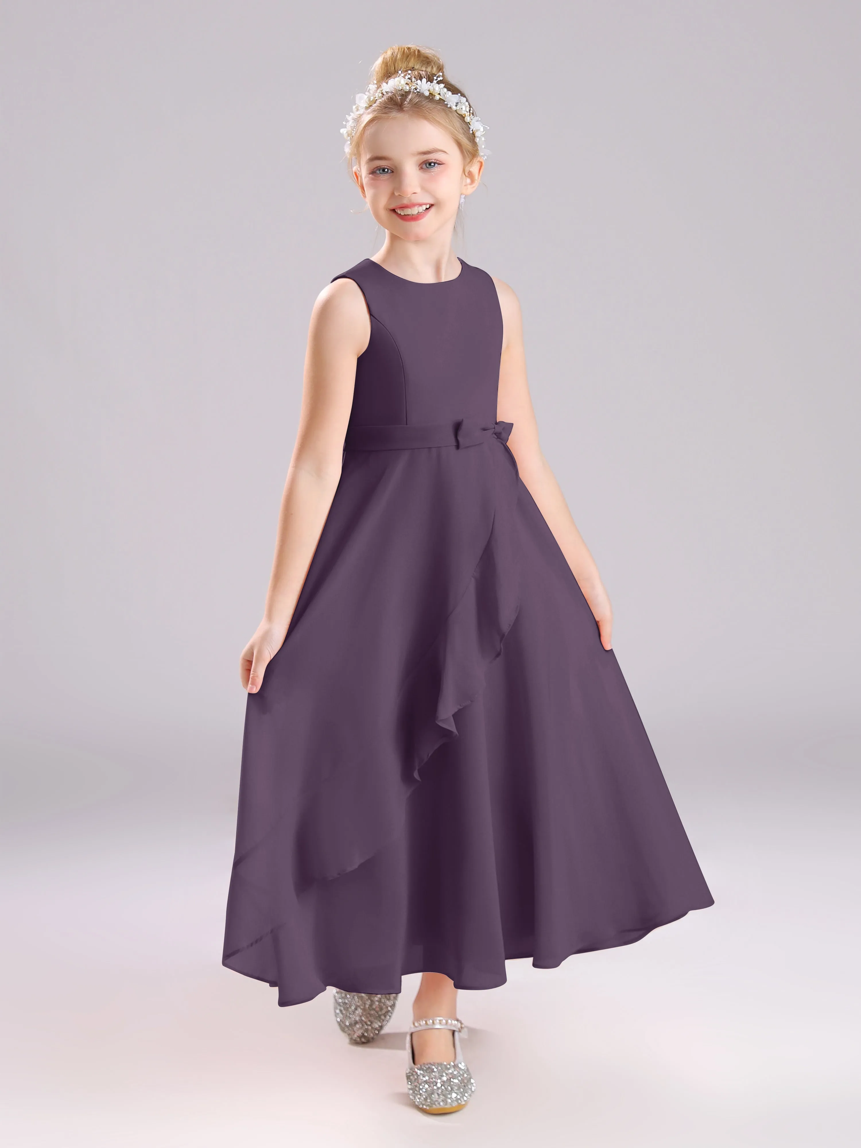 Sleeveless Jewel Long Bowknot Chiffon Junior Bridesmaid Dresses