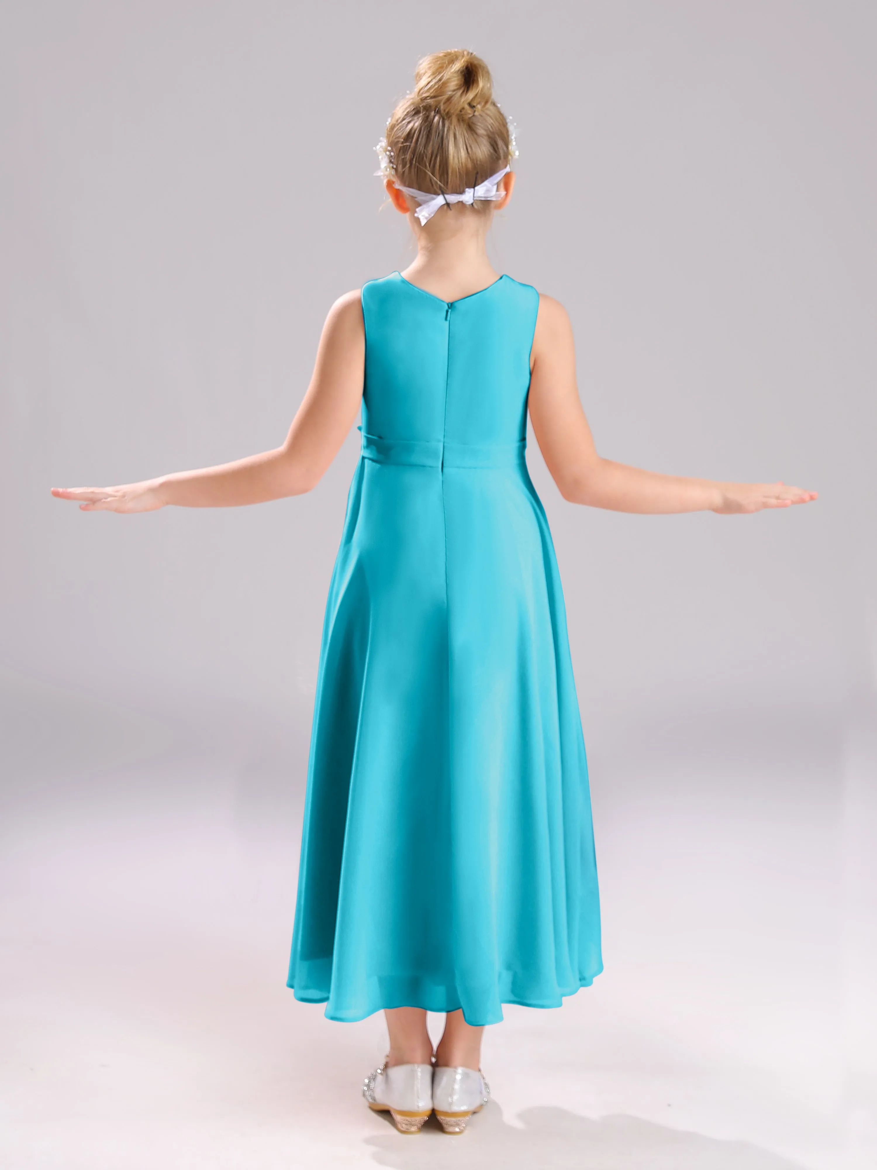 Sleeveless Jewel Long Bowknot Chiffon Junior Bridesmaid Dresses