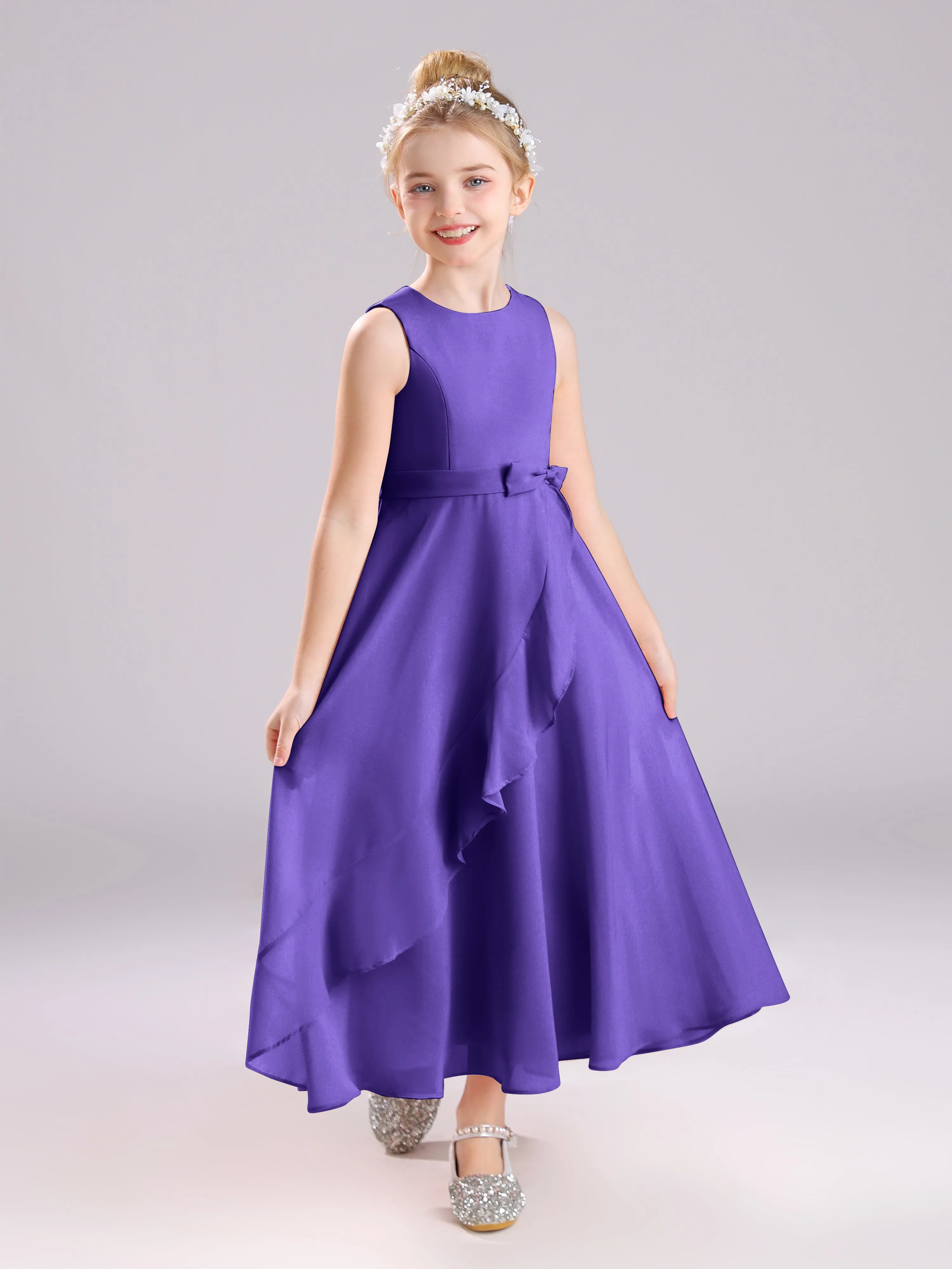 Sleeveless Jewel Long Bowknot Chiffon Junior Bridesmaid Dresses