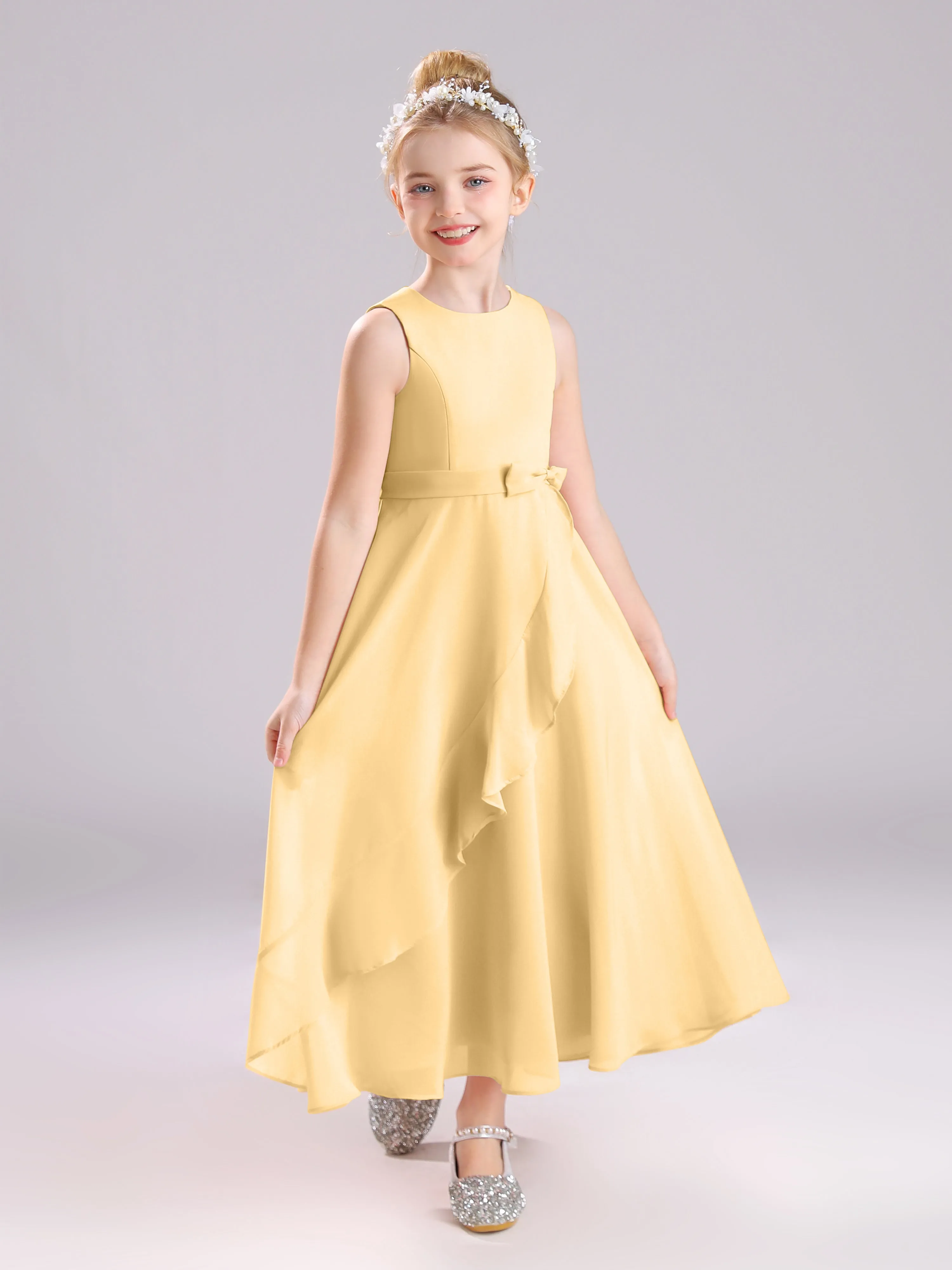 Sleeveless Jewel Long Bowknot Chiffon Junior Bridesmaid Dresses