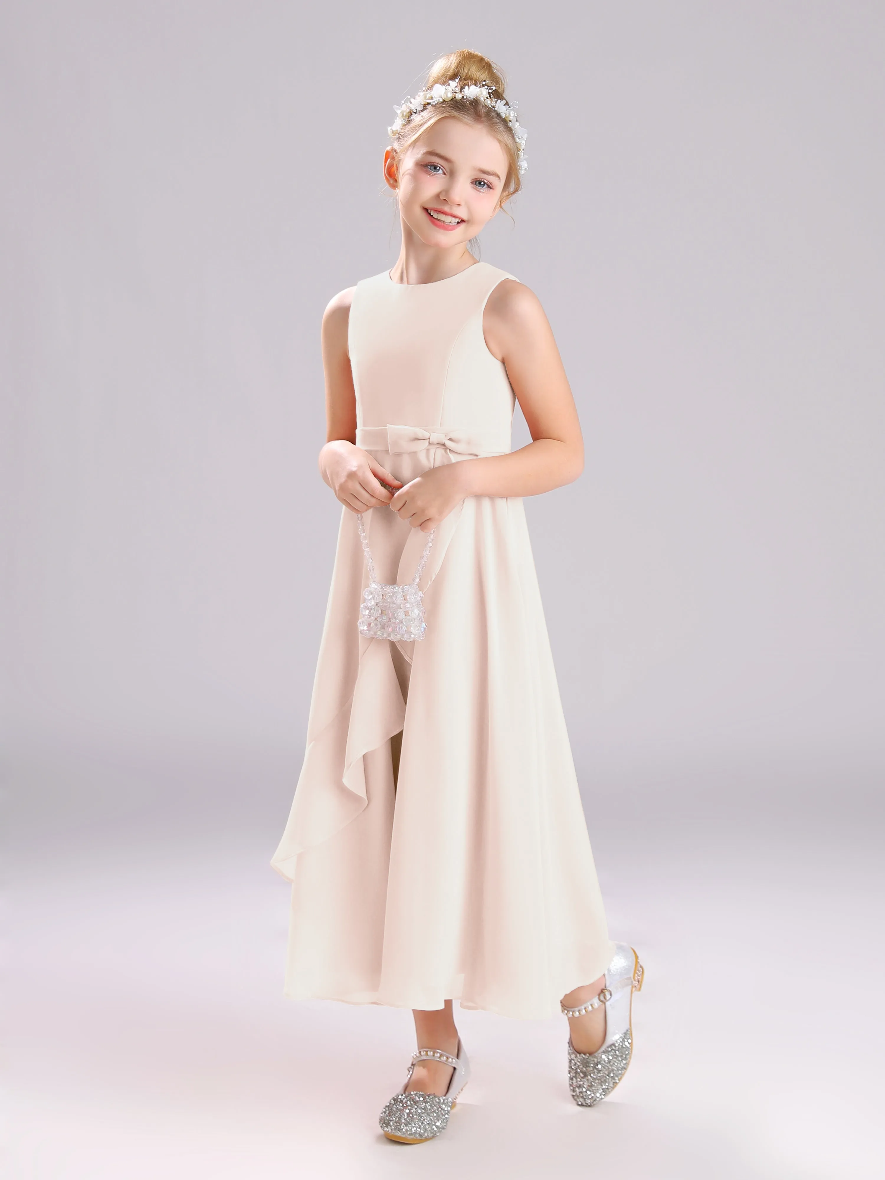 Sleeveless Jewel Long Bowknot Chiffon Junior Bridesmaid Dresses