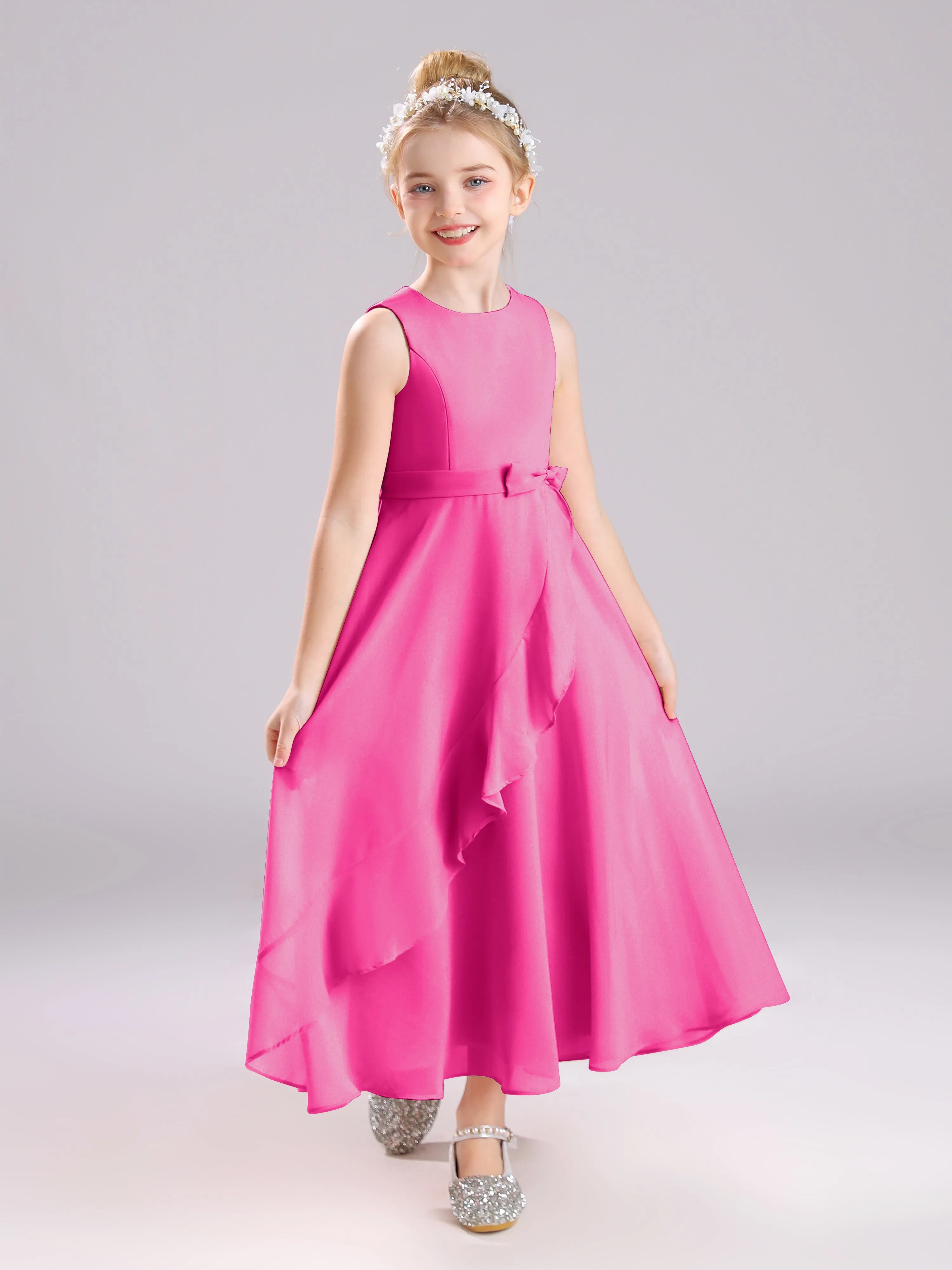 Sleeveless Jewel Long Bowknot Chiffon Junior Bridesmaid Dresses