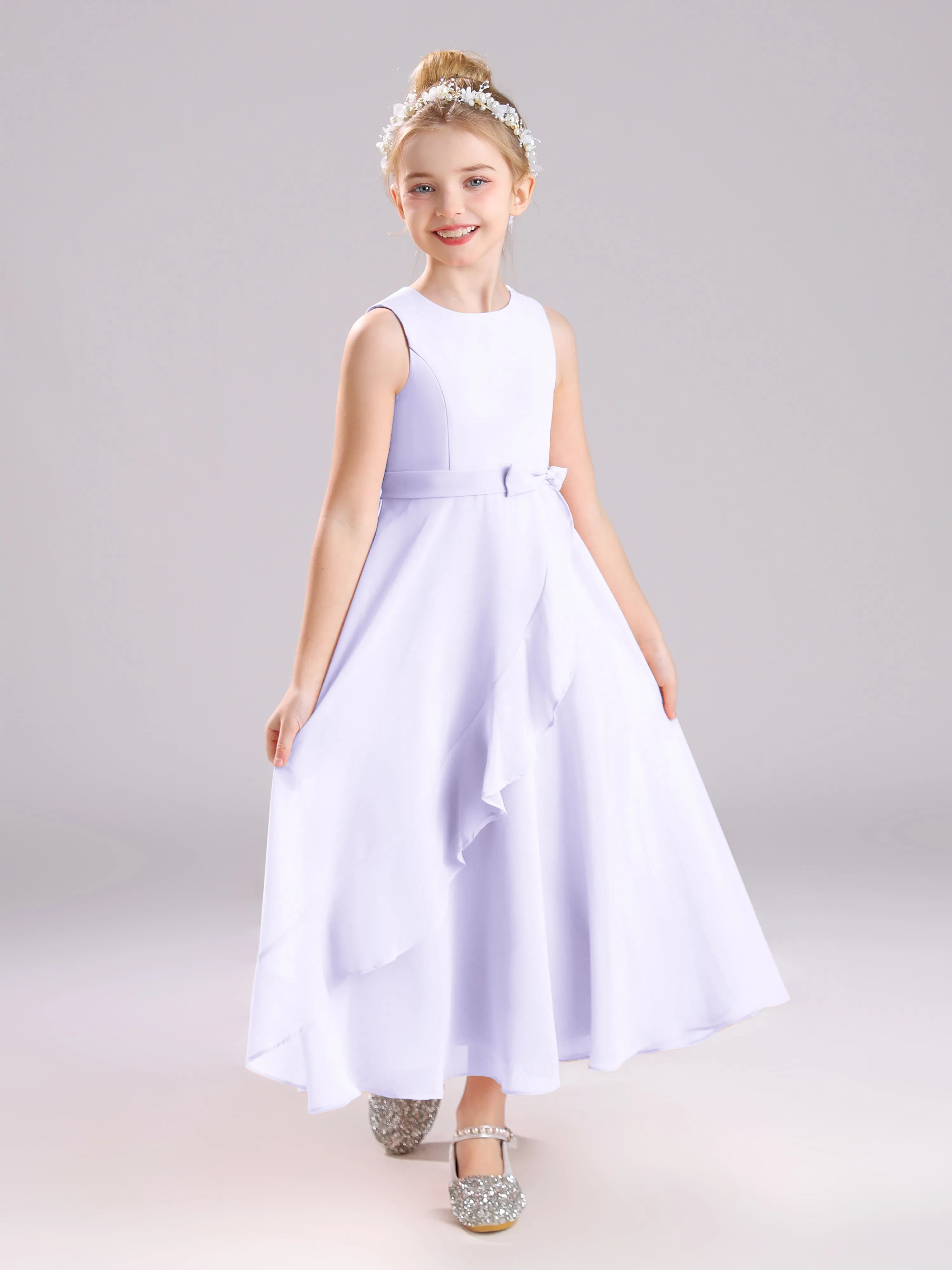 Sleeveless Jewel Long Bowknot Chiffon Junior Bridesmaid Dresses