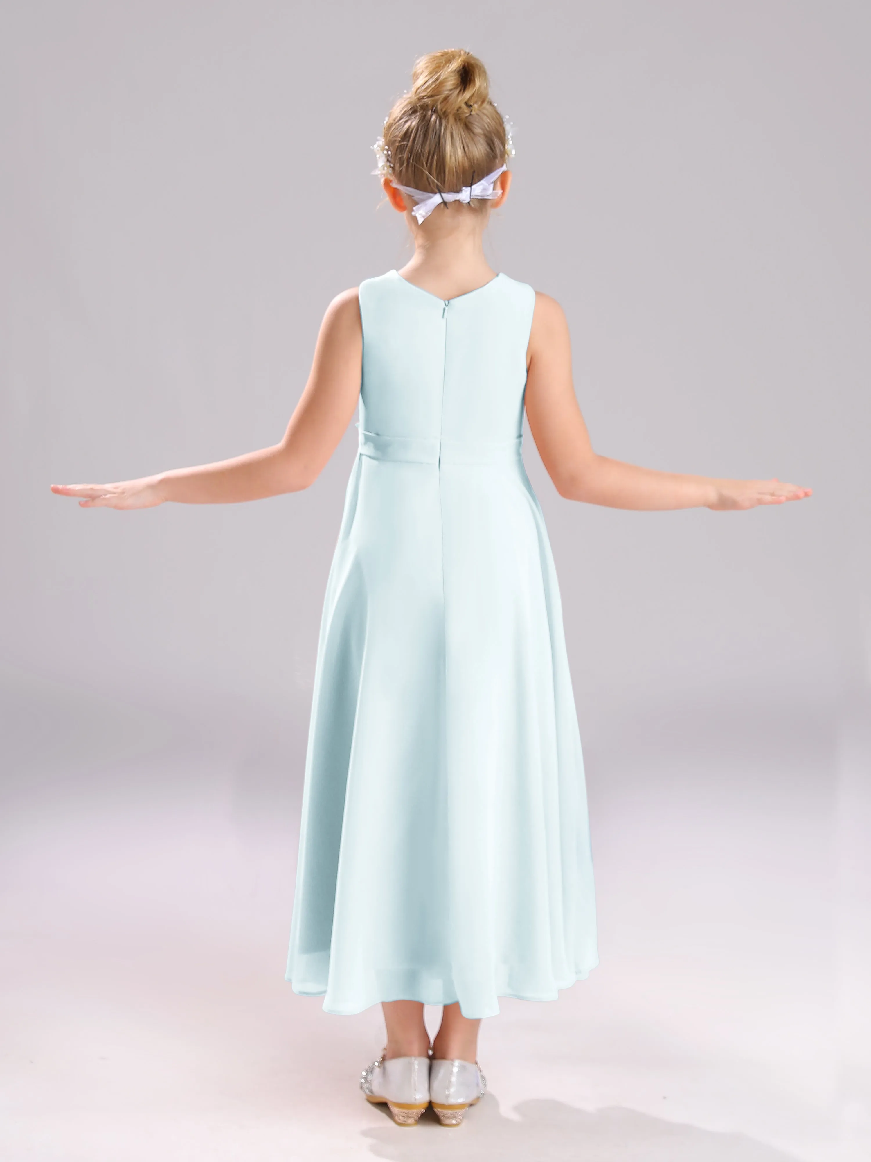 Sleeveless Jewel Long Bowknot Chiffon Junior Bridesmaid Dresses