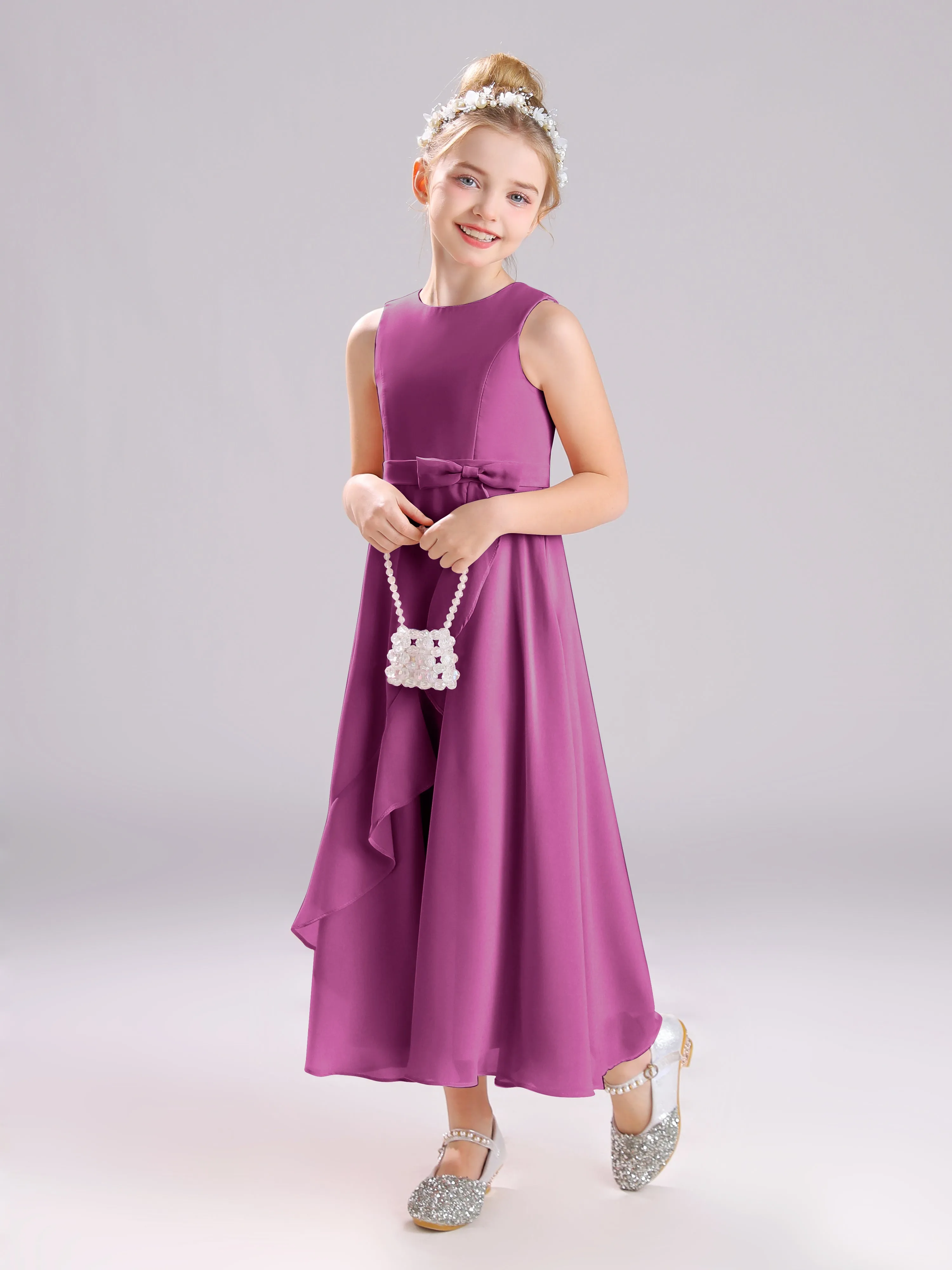 Sleeveless Jewel Long Bowknot Chiffon Junior Bridesmaid Dresses