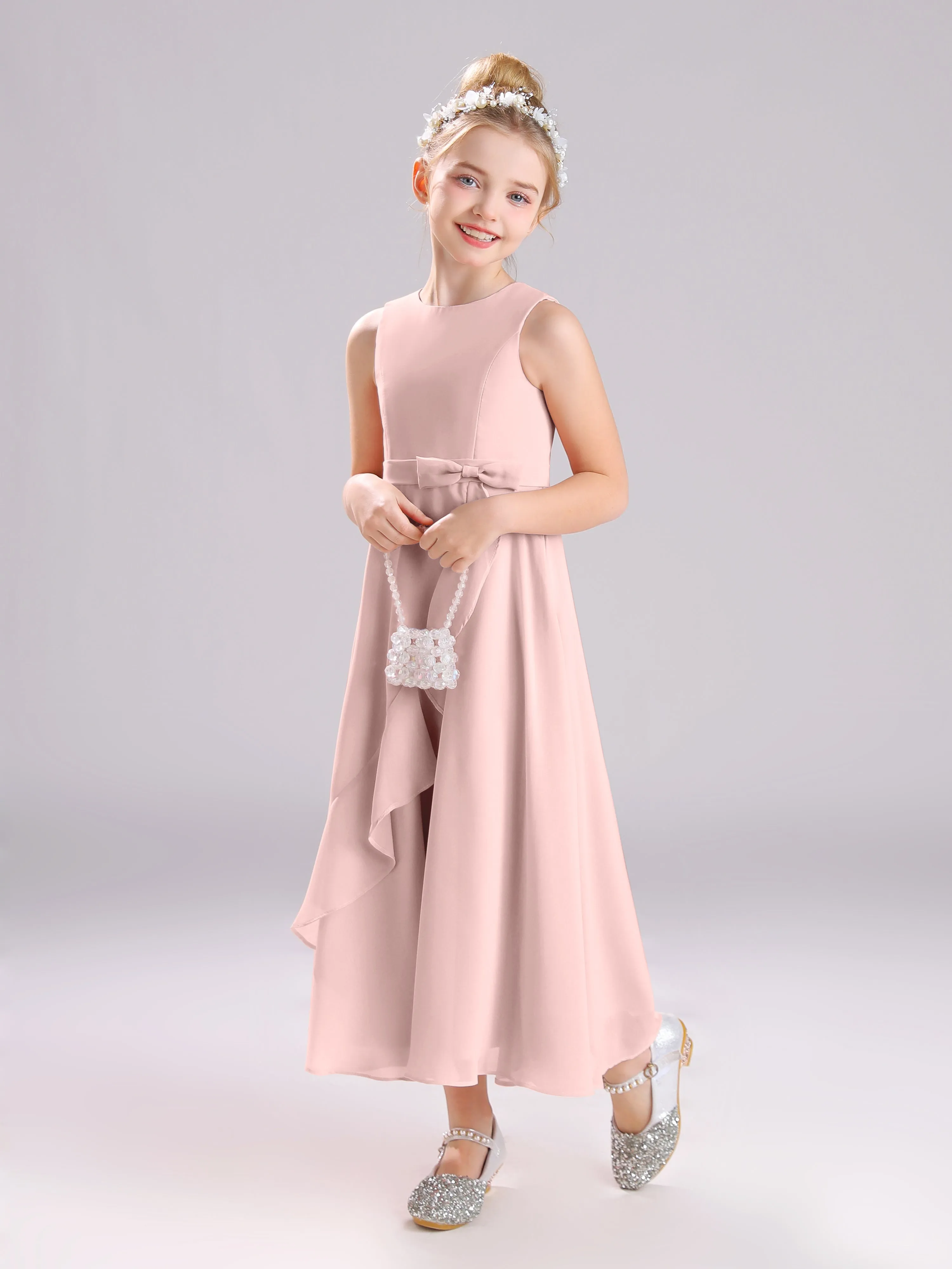 Sleeveless Jewel Long Bowknot Chiffon Junior Bridesmaid Dresses