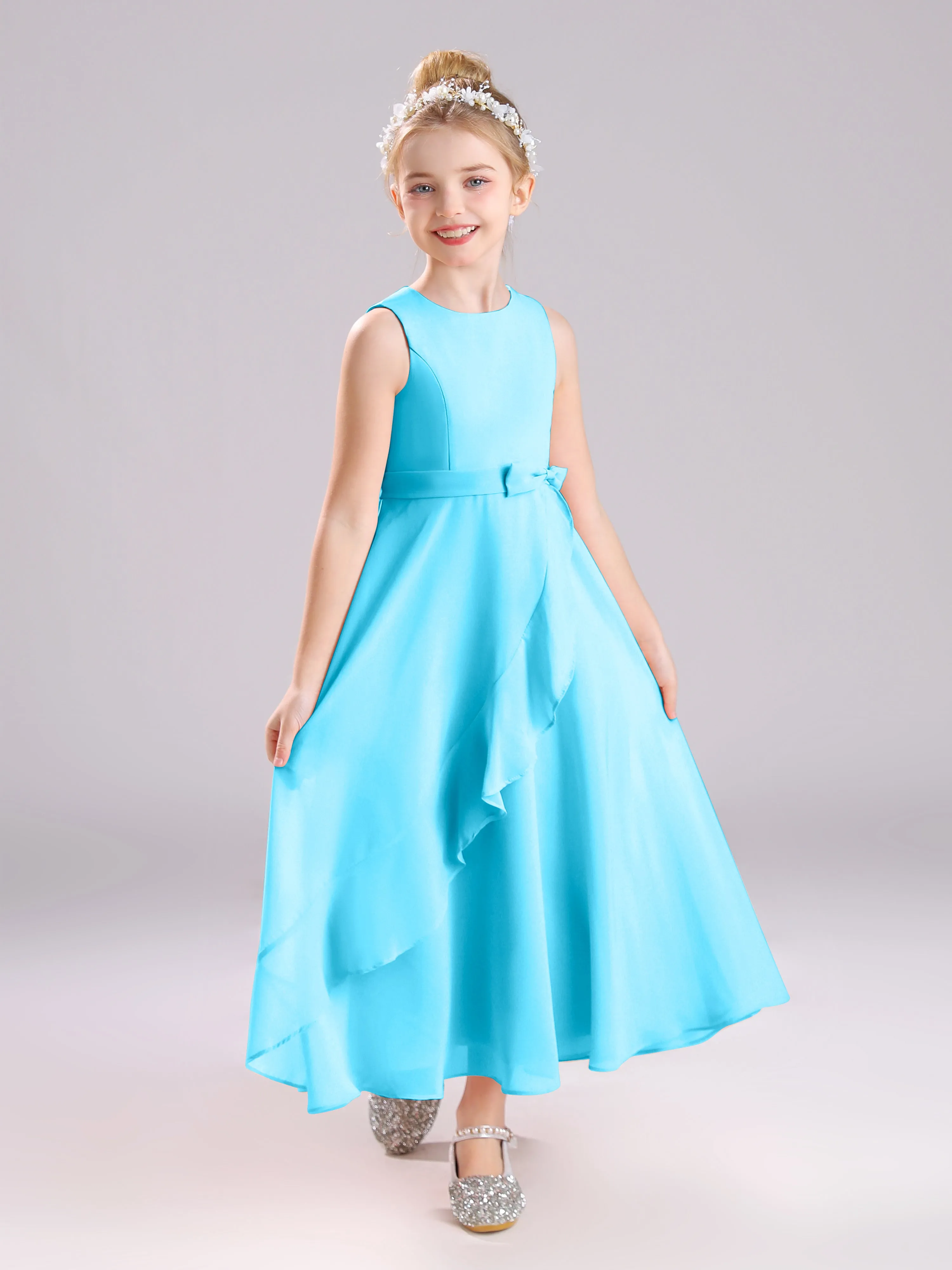 Sleeveless Jewel Long Bowknot Chiffon Junior Bridesmaid Dresses