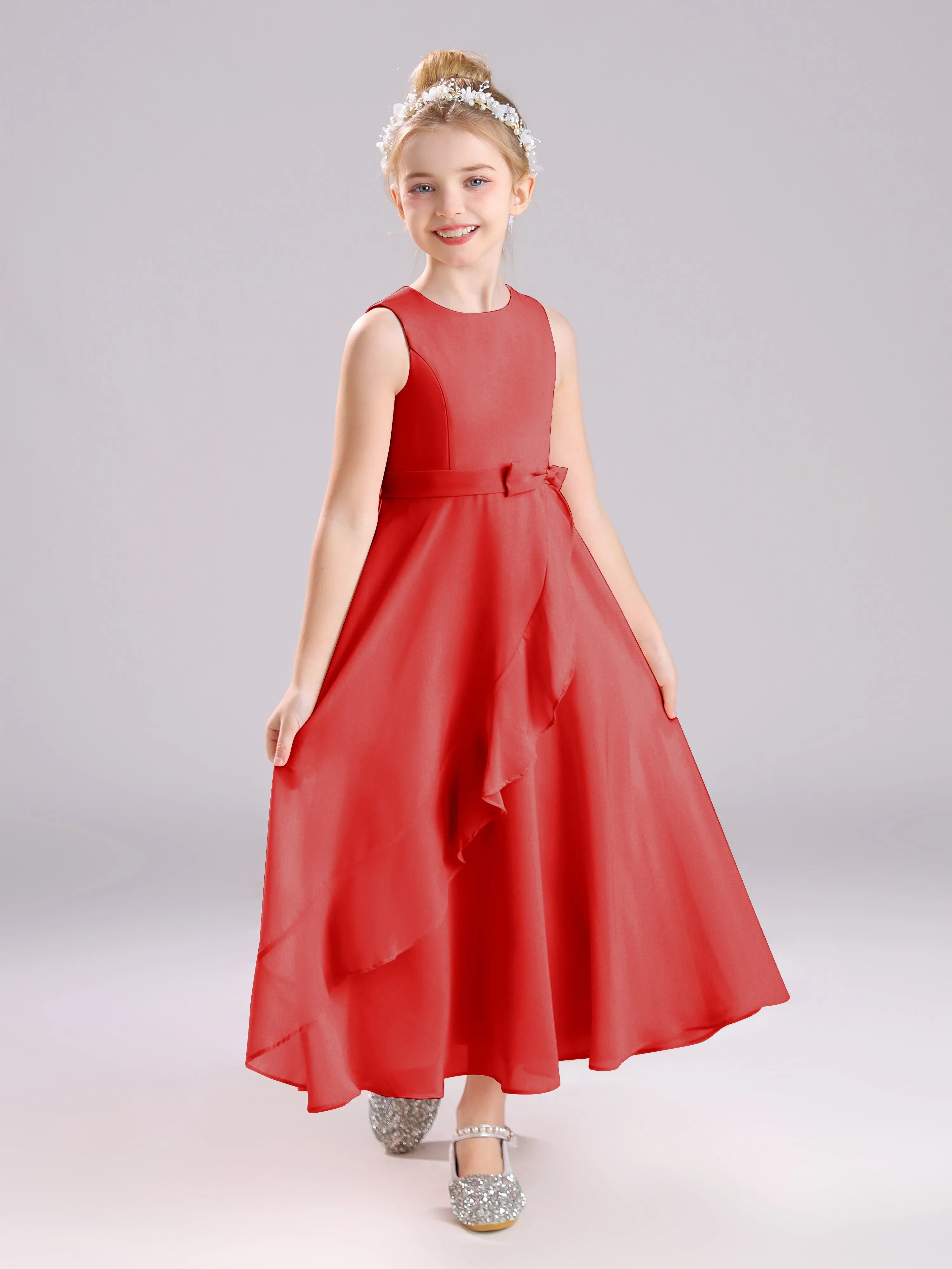 Sleeveless Jewel Long Bowknot Chiffon Junior Bridesmaid Dresses