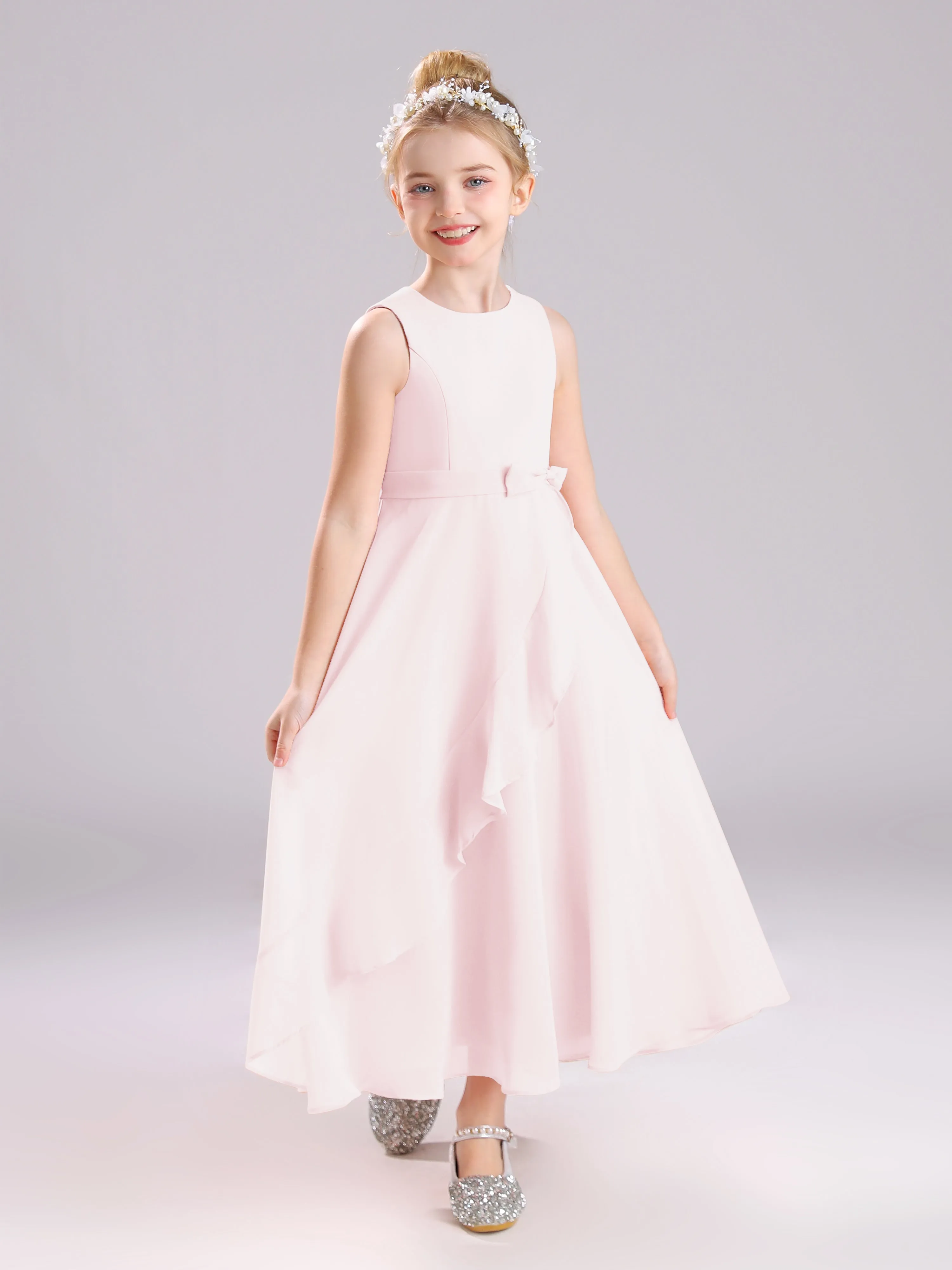 Sleeveless Jewel Long Bowknot Chiffon Junior Bridesmaid Dresses