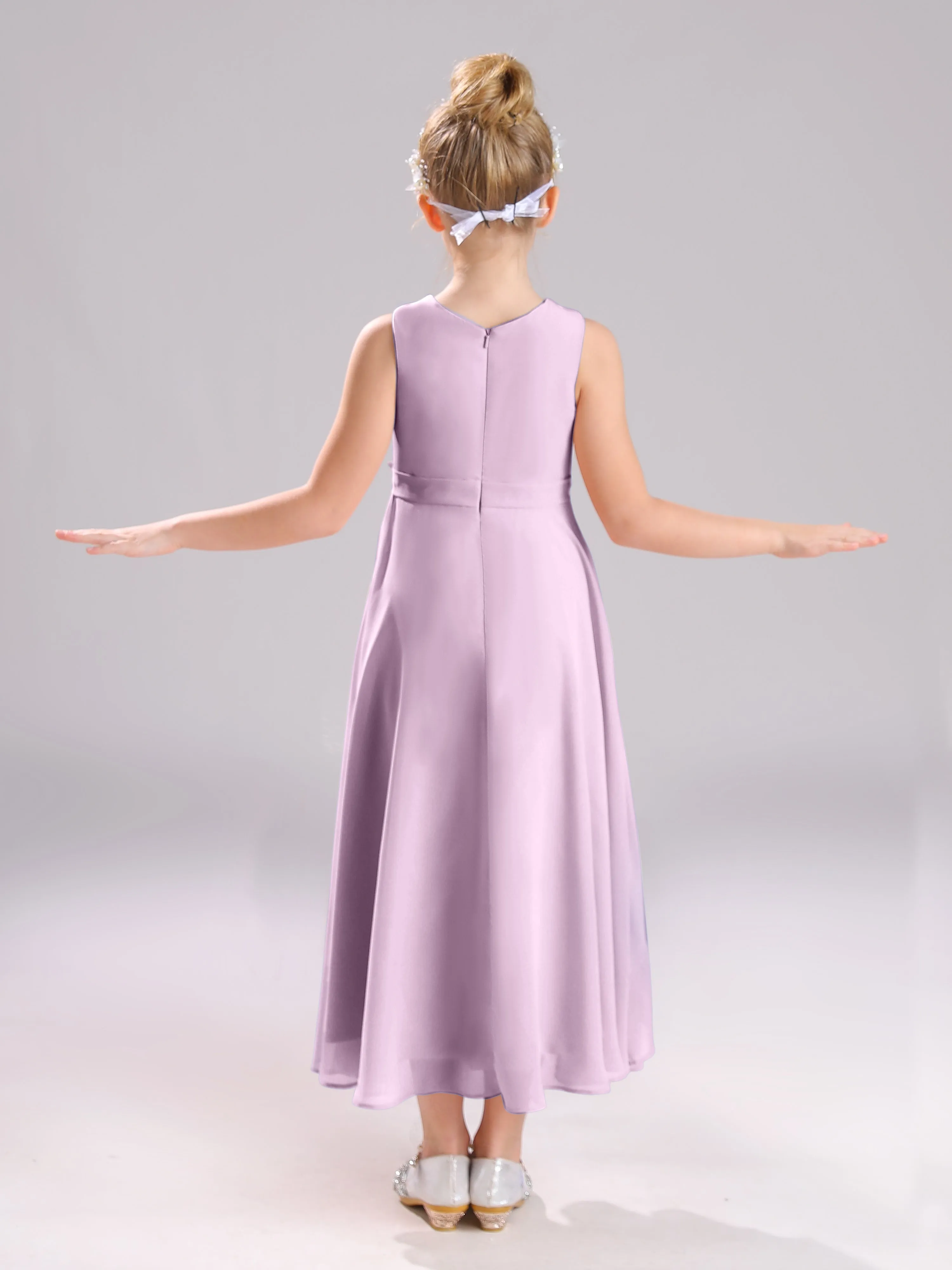 Sleeveless Jewel Long Bowknot Chiffon Junior Bridesmaid Dresses